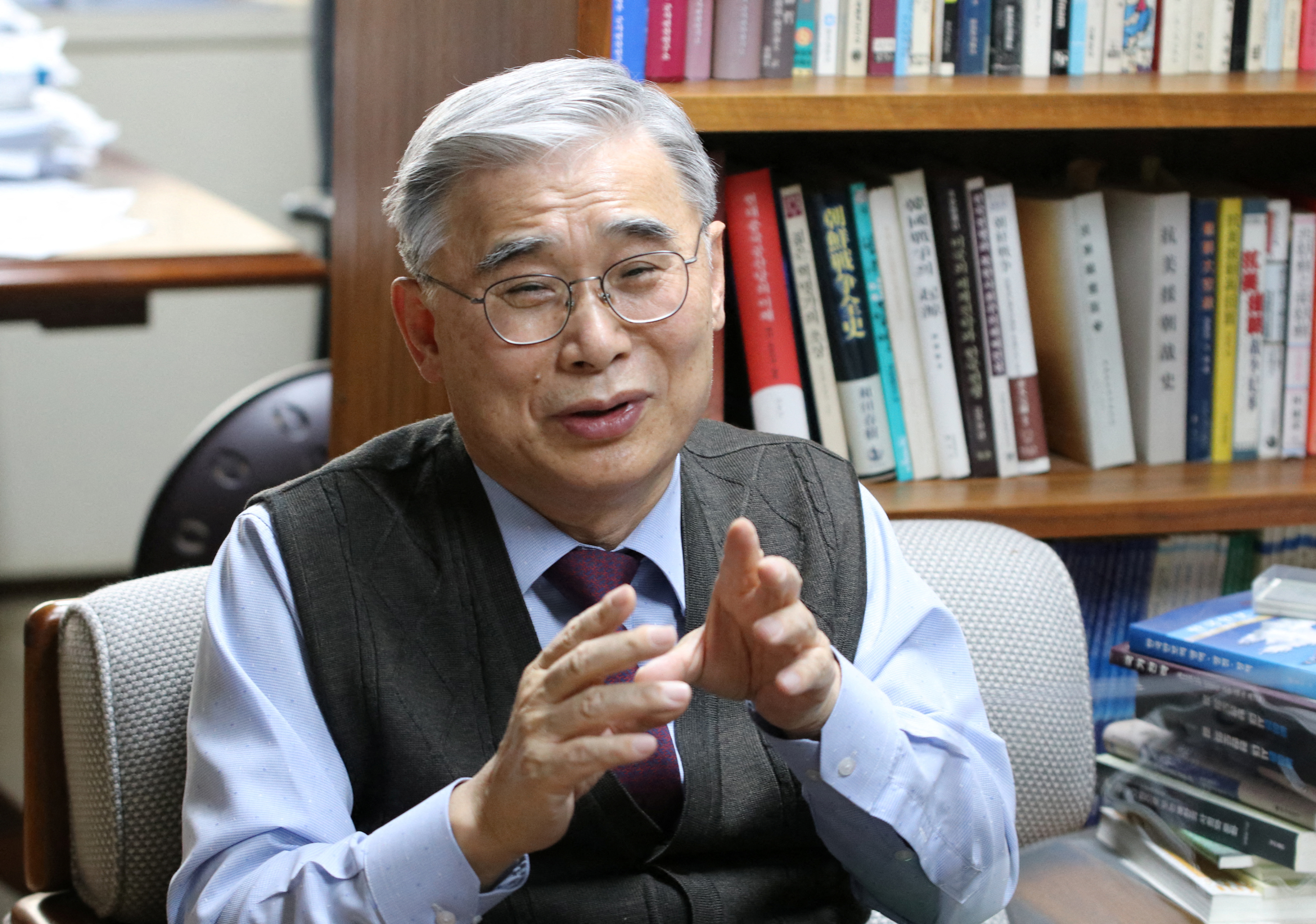 Former South Korea's Unification Minister Lee Jong-seok speaks during an interview with Reuters in Seoul