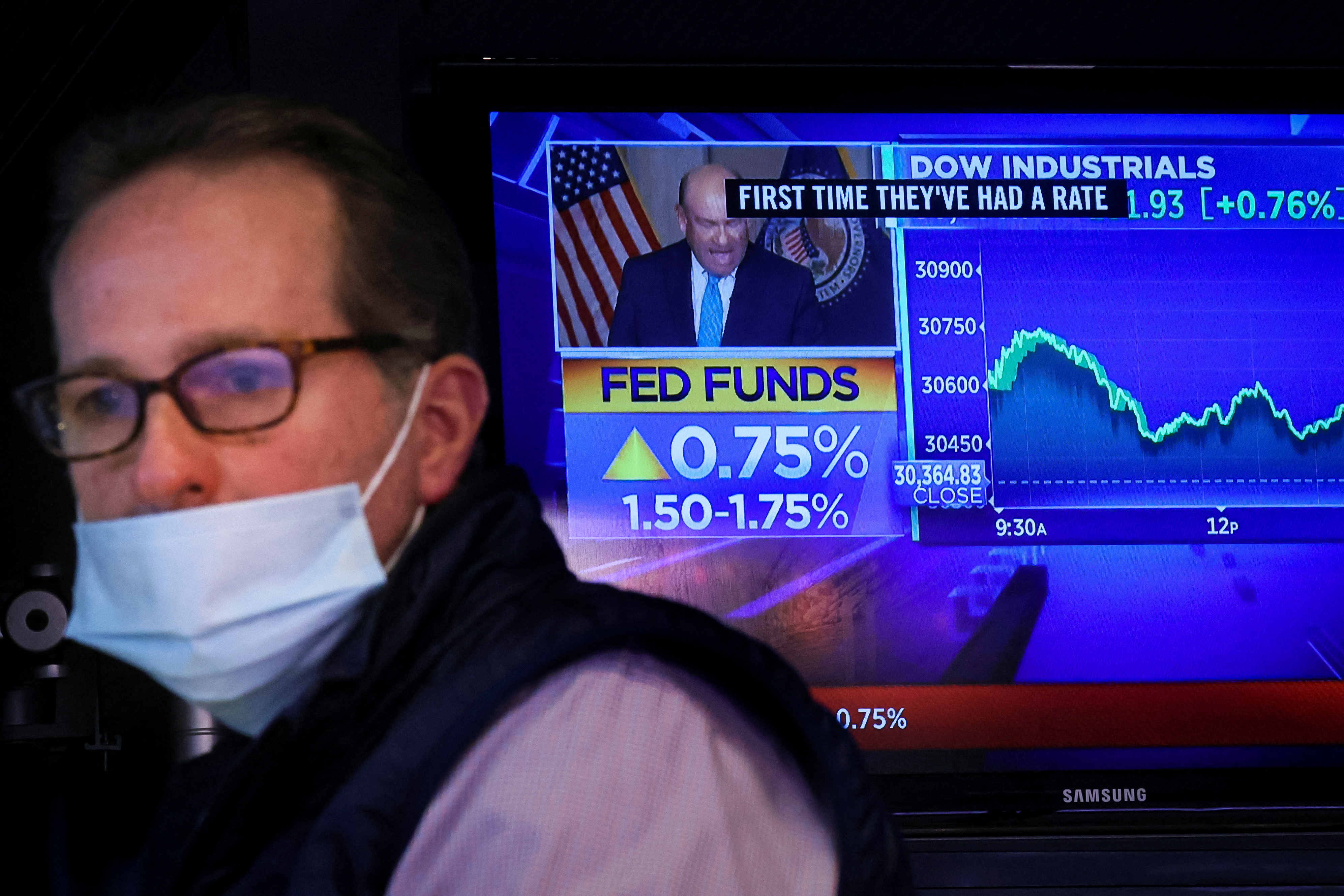 A screen displays the Fed rate announcement 