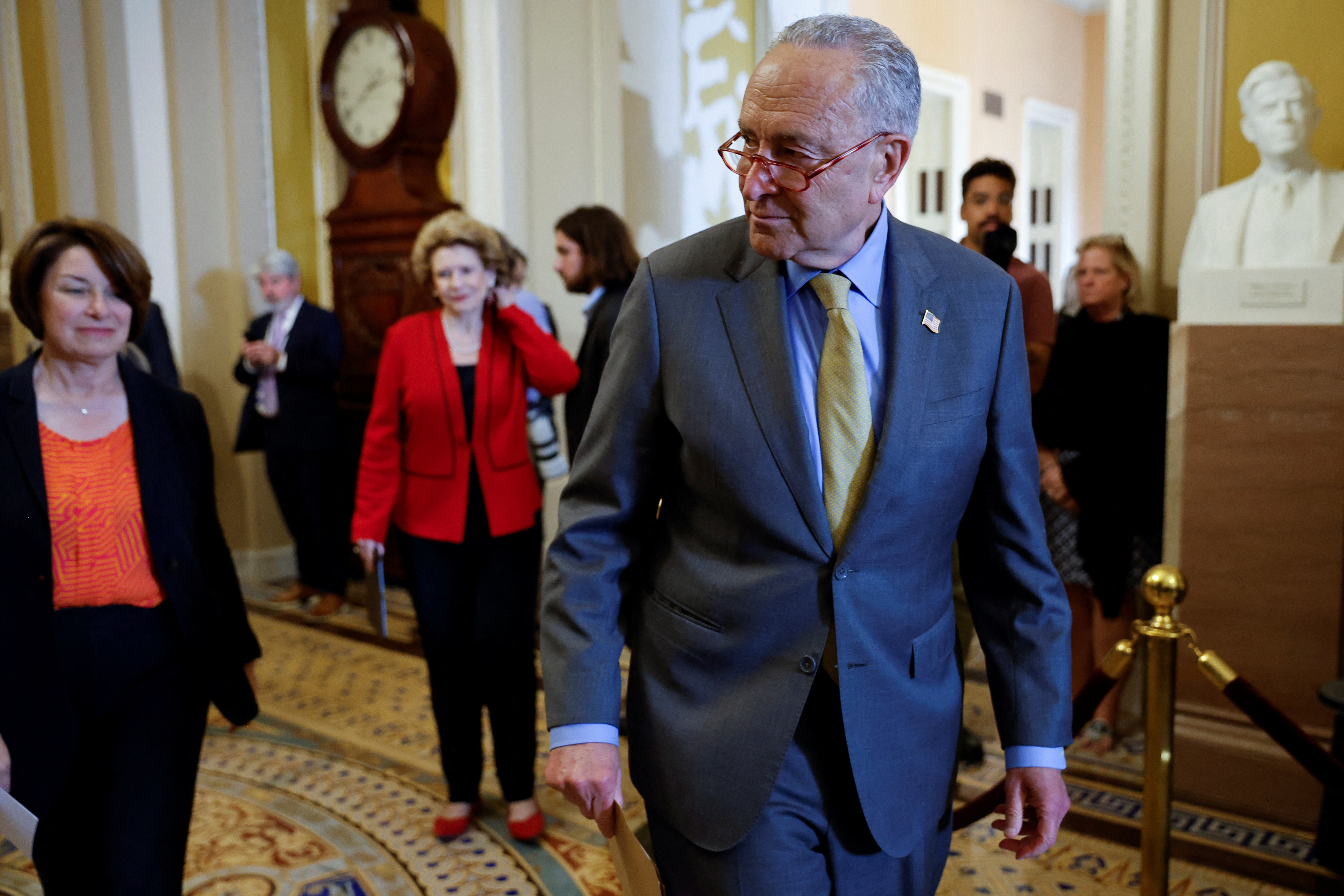 U.S. Senate Majority Leader Schumer speaks with reporters at the U.S. Capitol in Washington