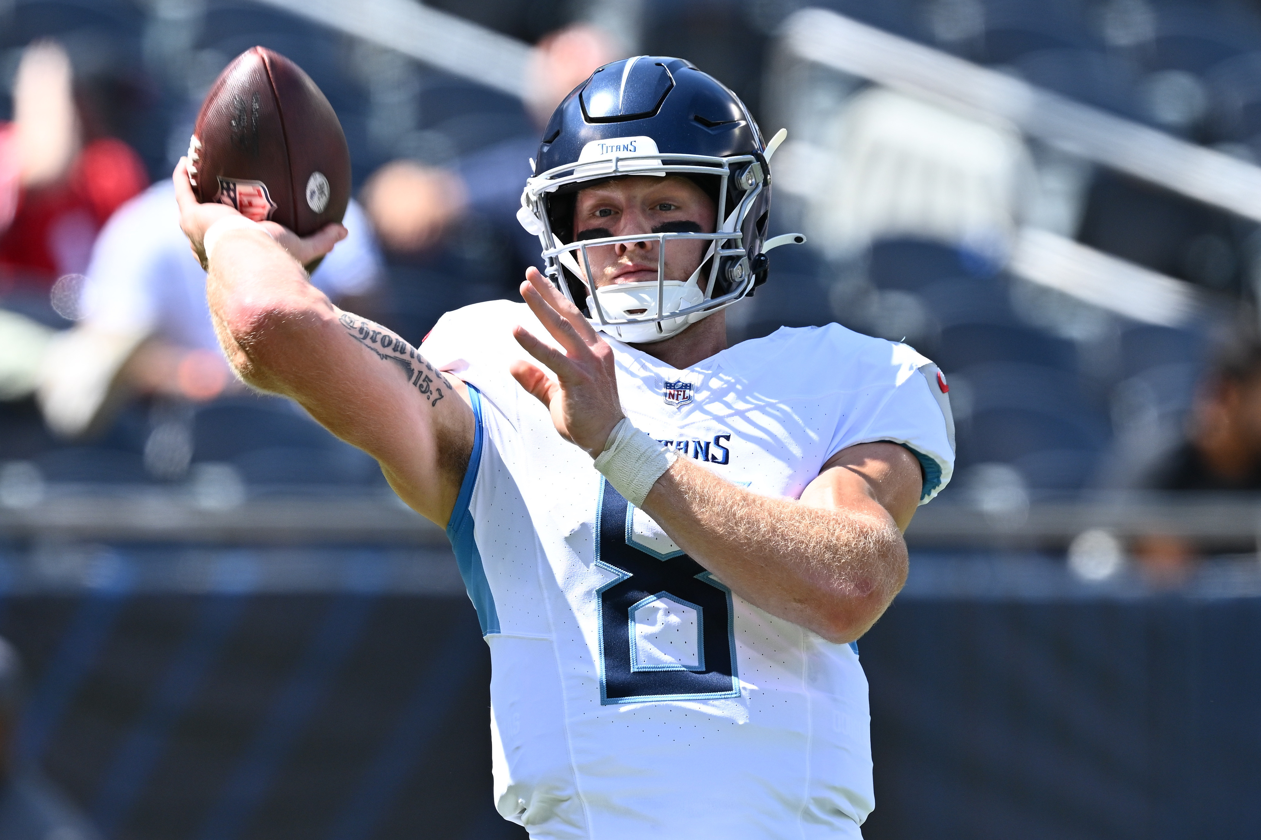 August 12, 2023 - Tennessee Titans quarterback Malik Willis (7) runs in a  touchdown during NFL preseason football game between the Chicago Bears vs  the Tennessee Titans in Chicago, IL (Credit Image: