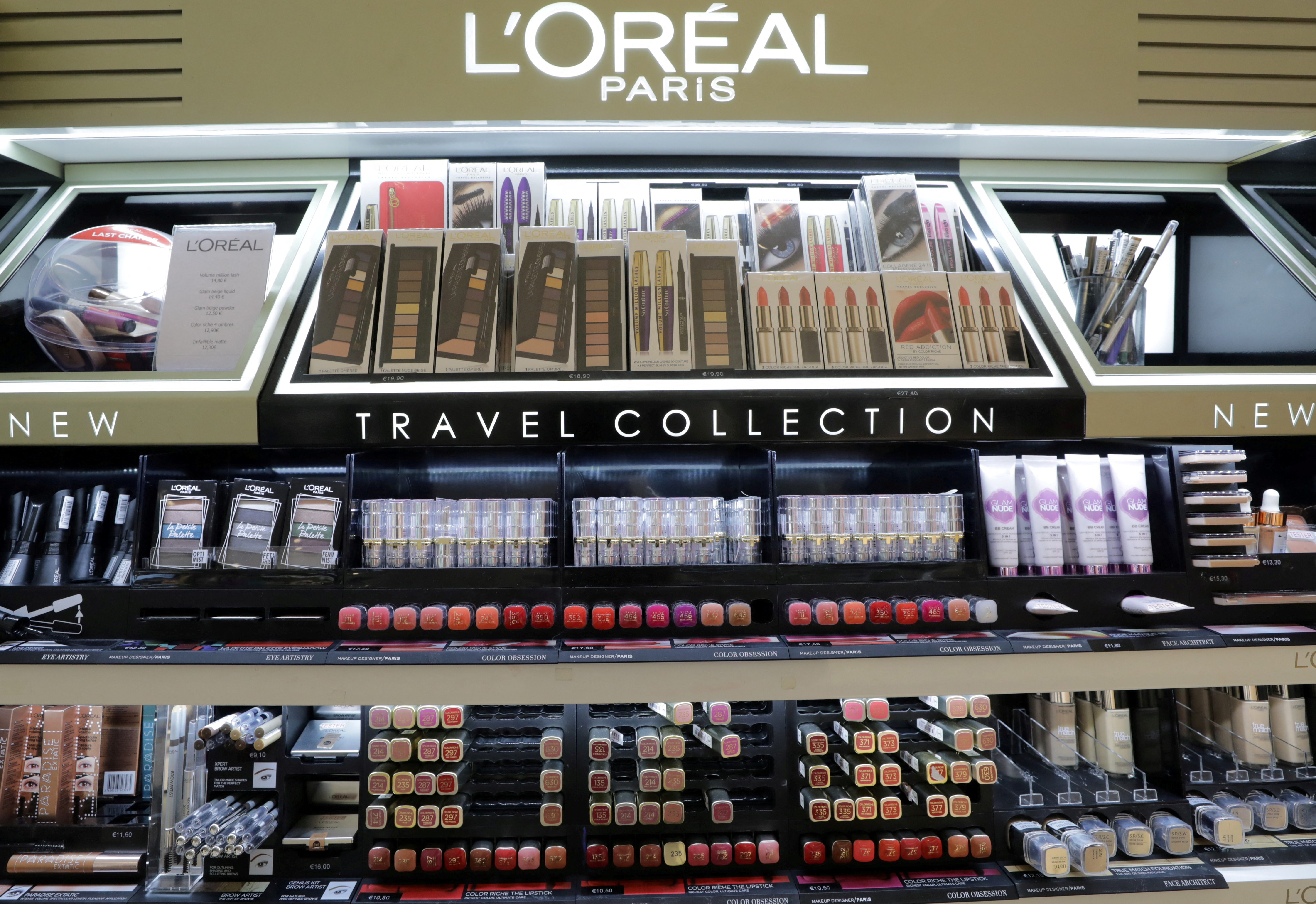 A cosmetic display of French cosmetics group L'Oreal is seen at a duty free shop at the Nice International Airport, in Nice