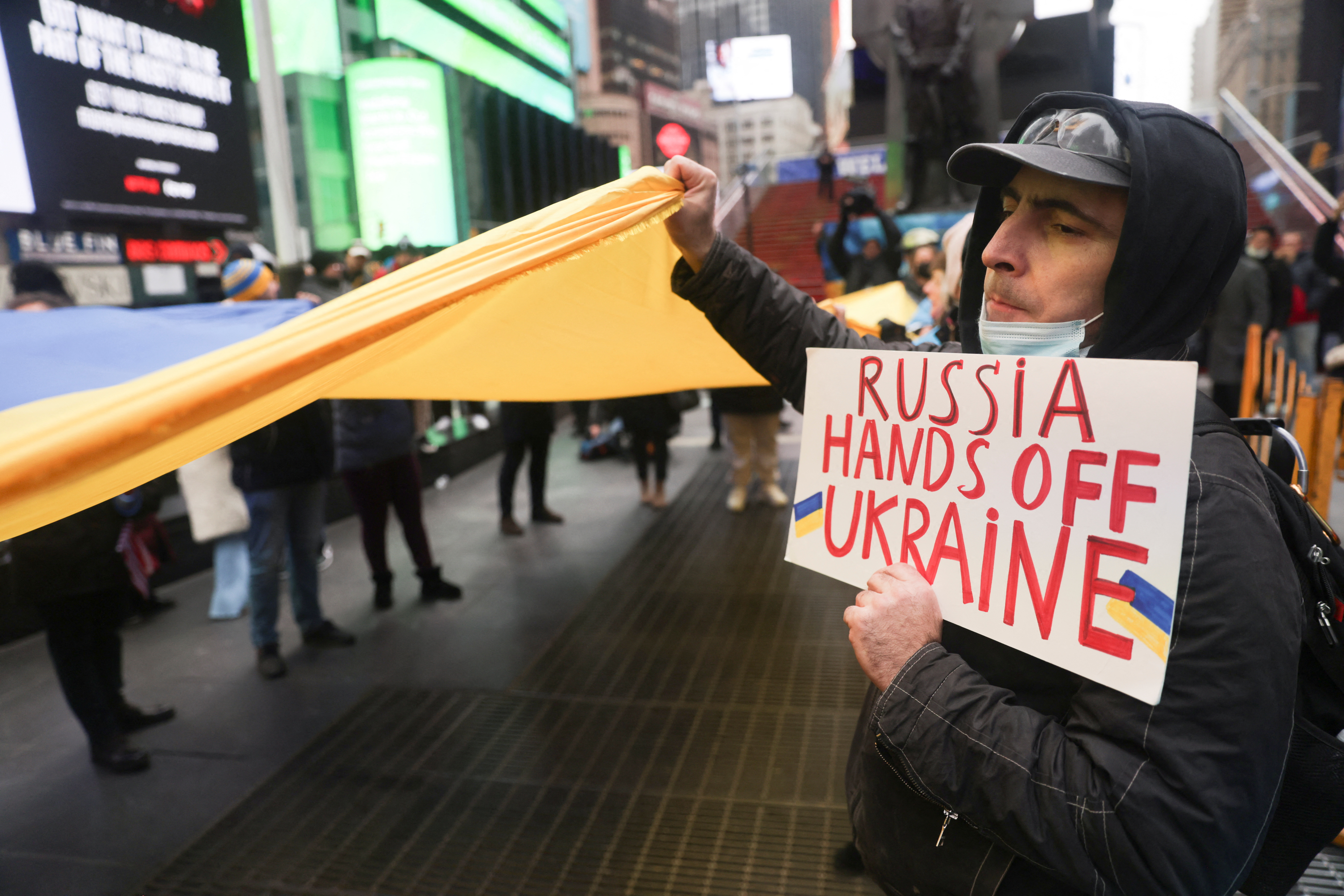 Protest against Russia's military operation in Ukraine, in Times Square
