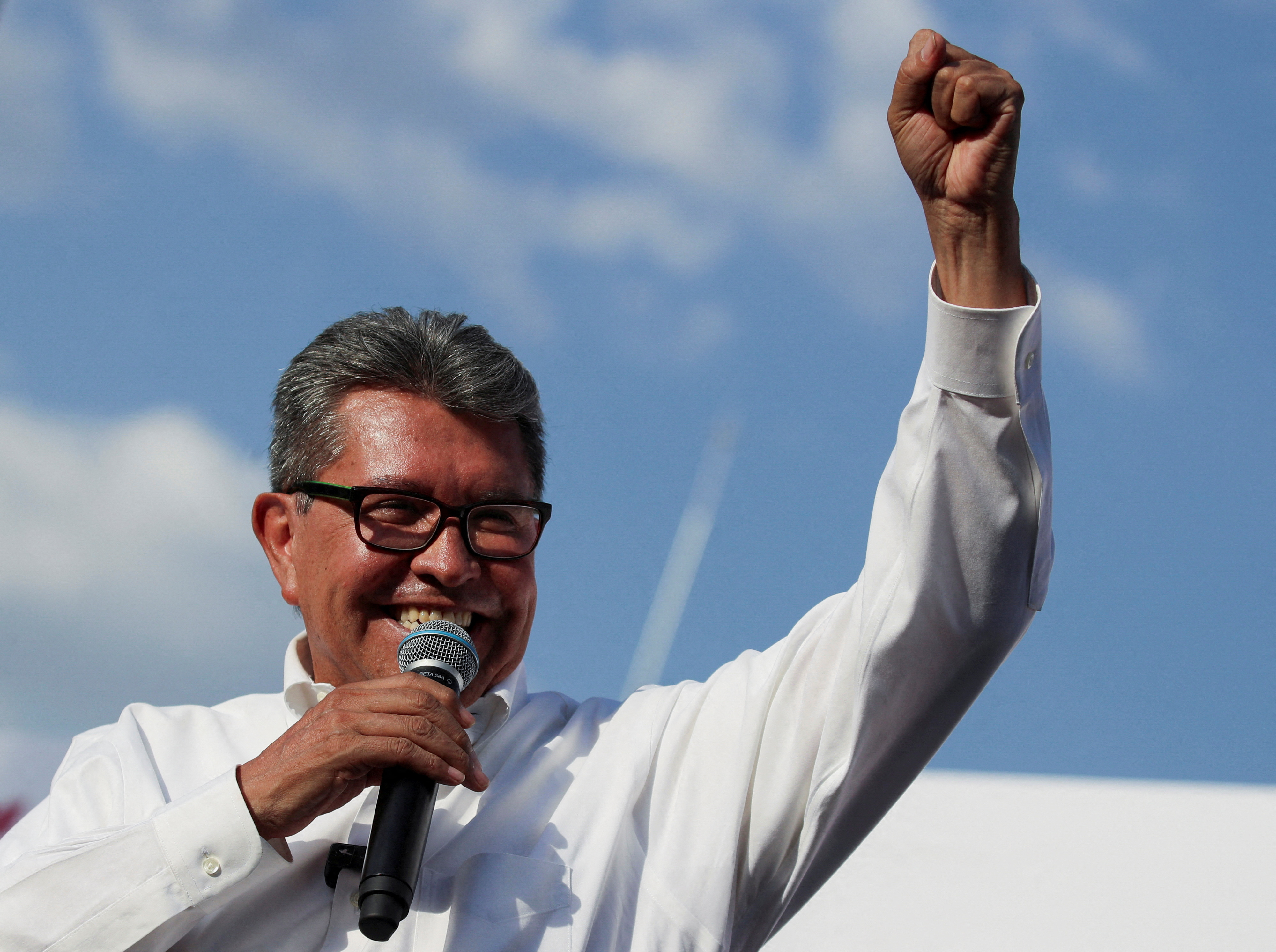 Mexico's former Senator Ricardo Monreal, one of the candidates pursuing the ruling MORENA party's candidacy for the 2024 presidential election, takes part in a campaign rally in Mexico City