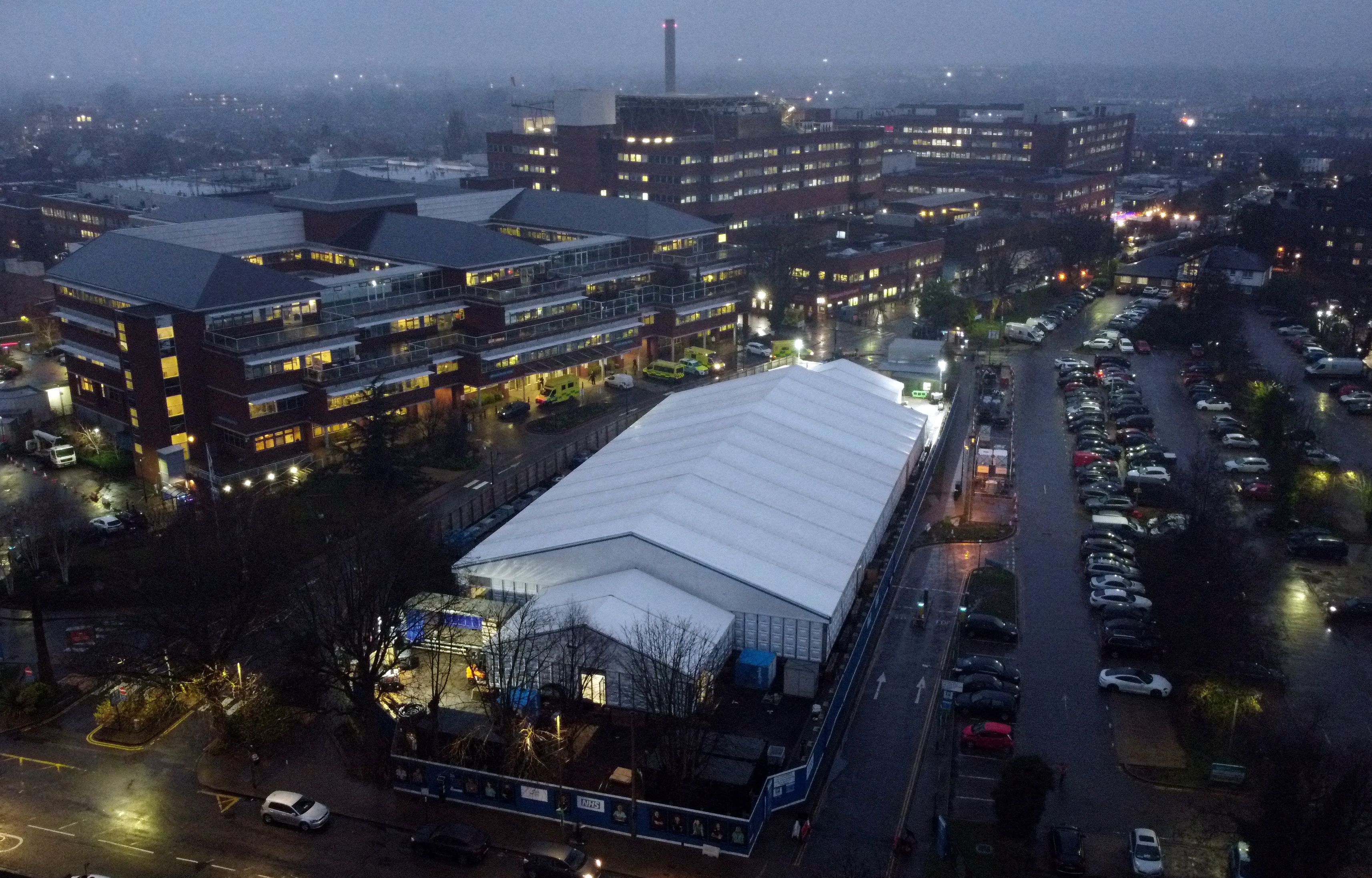 View of the site of a temporary field hospital in the grounds of St. George's Hospital, amid the spread of the coronavirus disease (COVID-19) pandemic in London, Britain, January 11, 2022. Picture taken with a drone. REUTERS/Hannah McKay