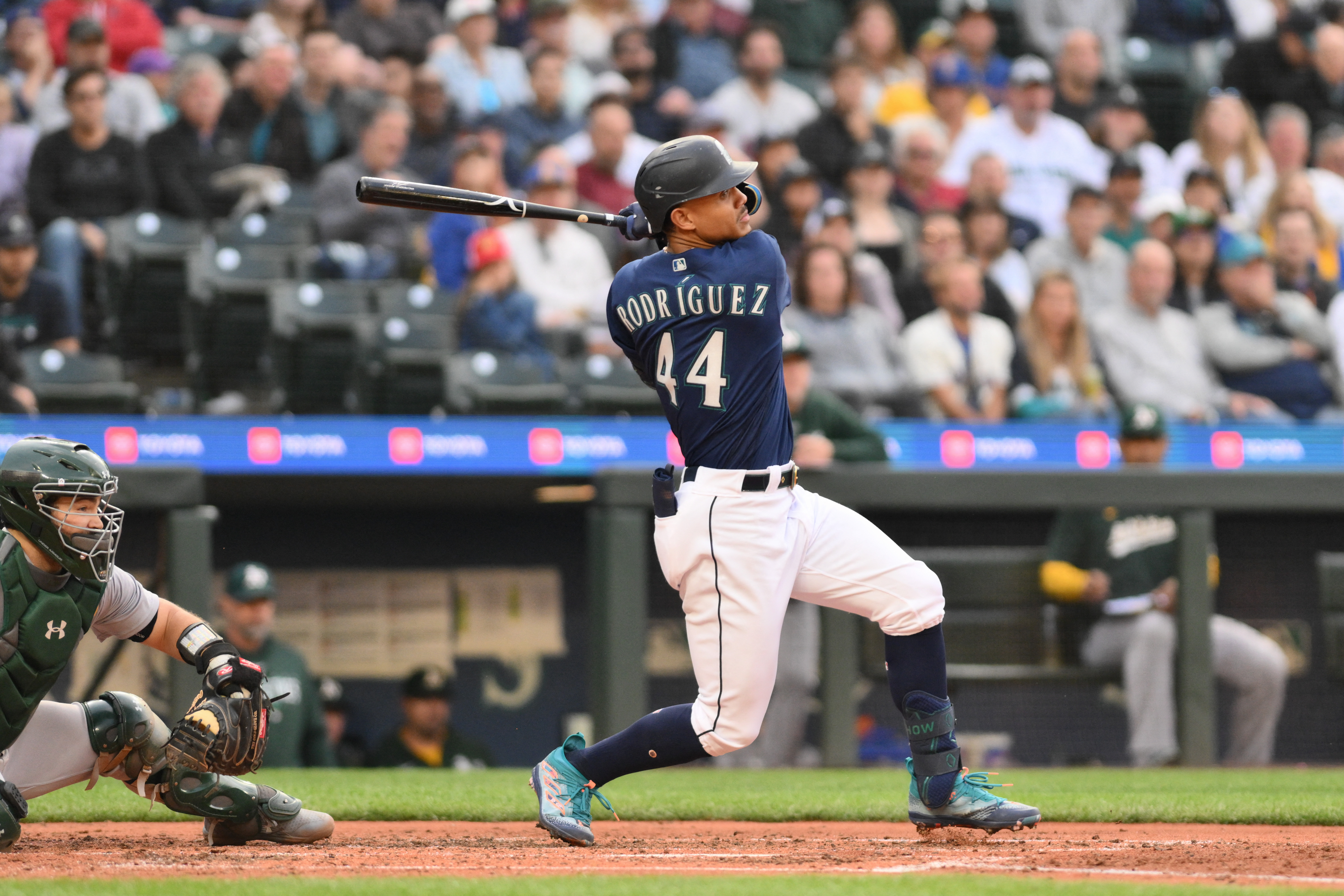 The Under Armour cleats of Julio Rodriguez of the Seattle Mariners