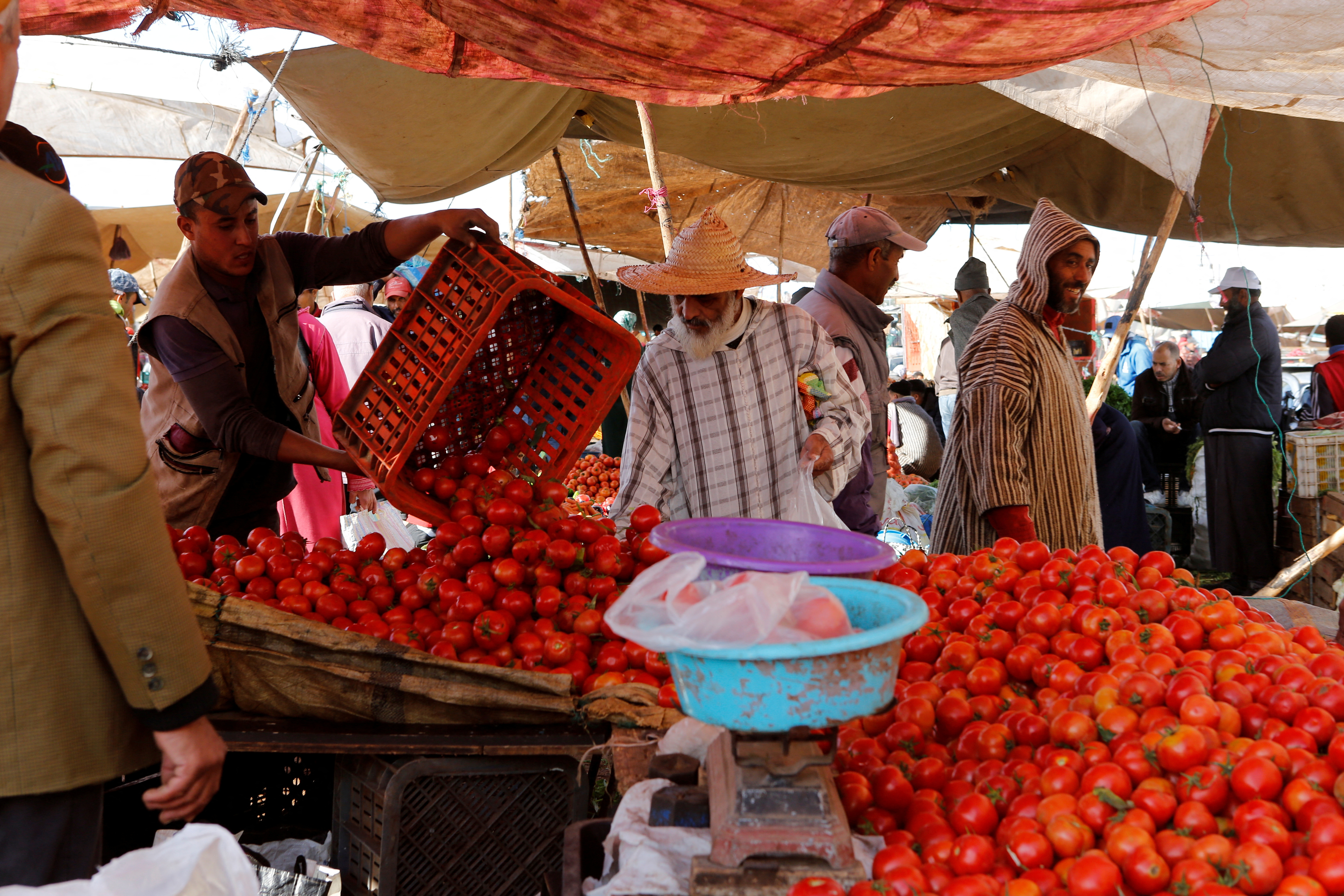 People shop at a vegetable market on the outskirts of Casablanca