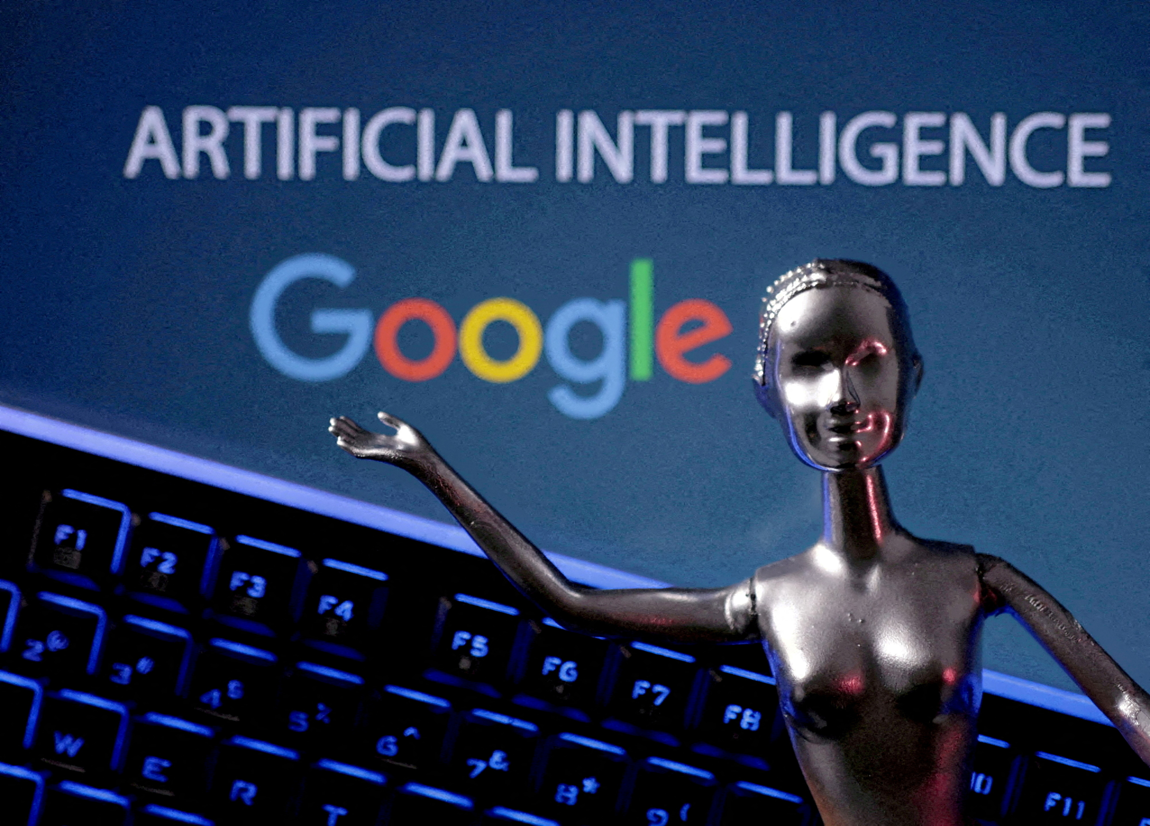 Illustration shows Google logo and AI Artificial Intelligence words