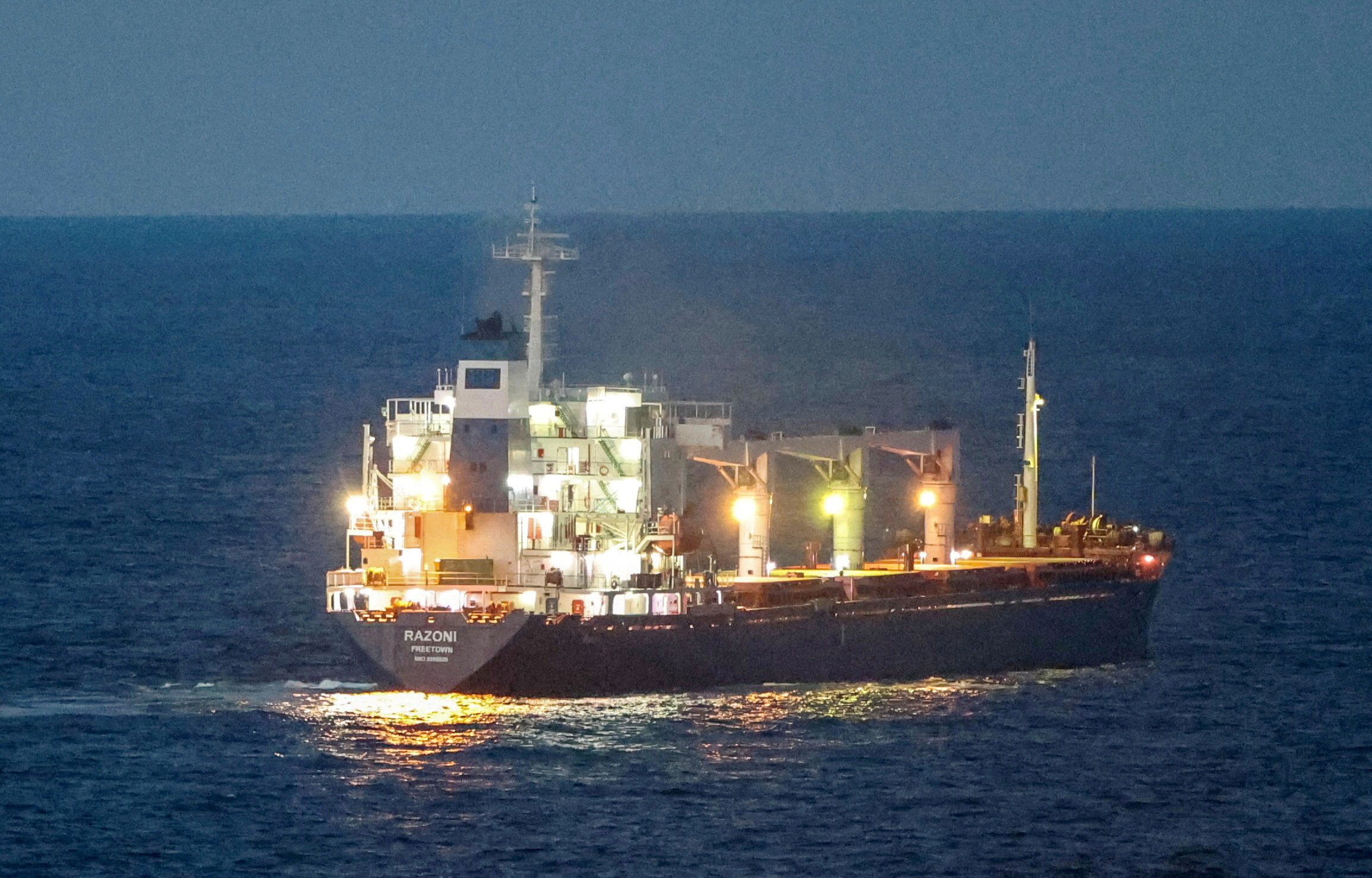 The Sierra Leone-flagged cargo ship Razoni, carrying Ukrainian grain, is seen in the Black Sea off Kilyos, near Istanbul