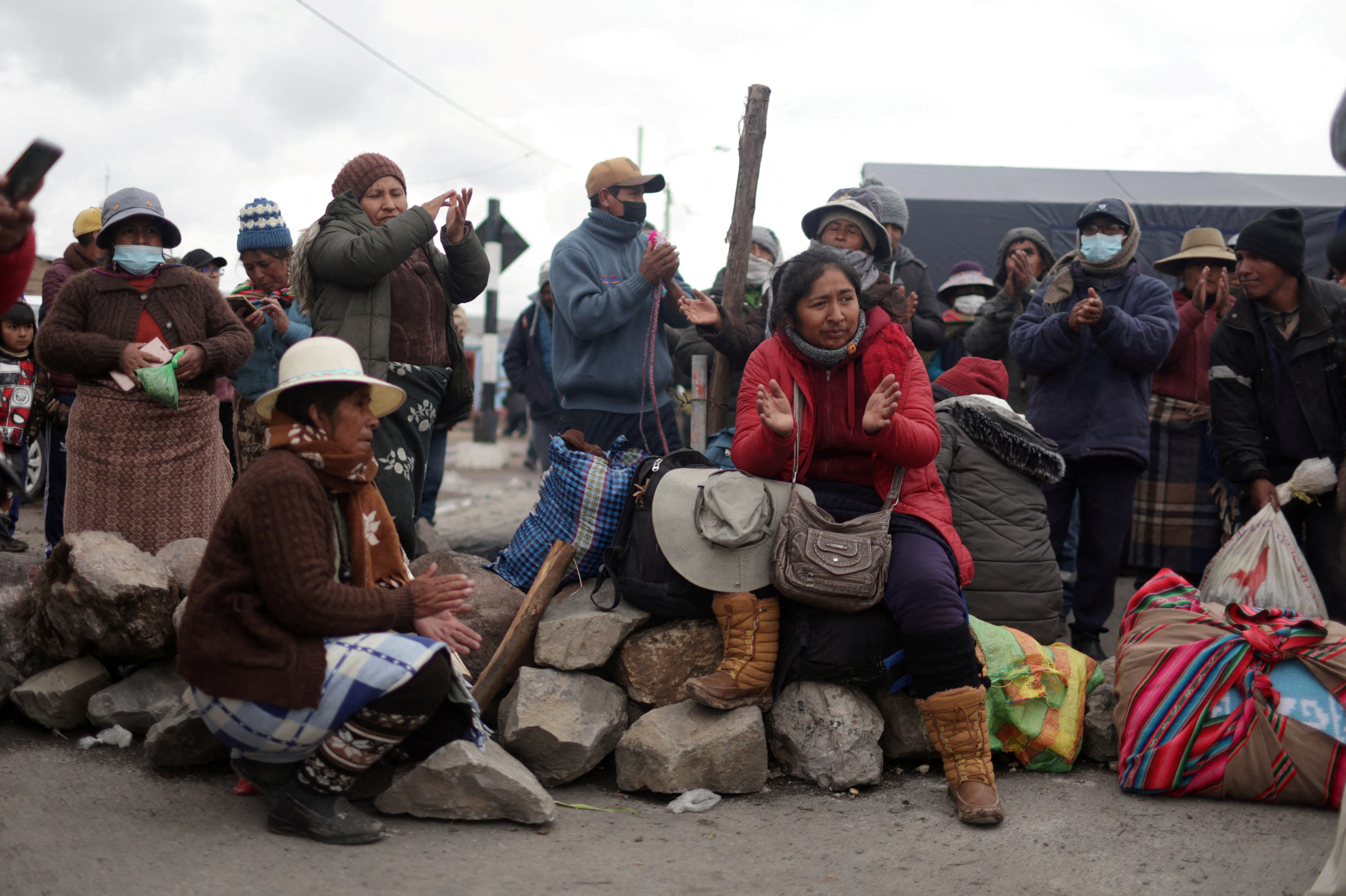 Anti-government protestors block a road demanding the resignation of Peru's President Dina Boluarte, in Condoroma