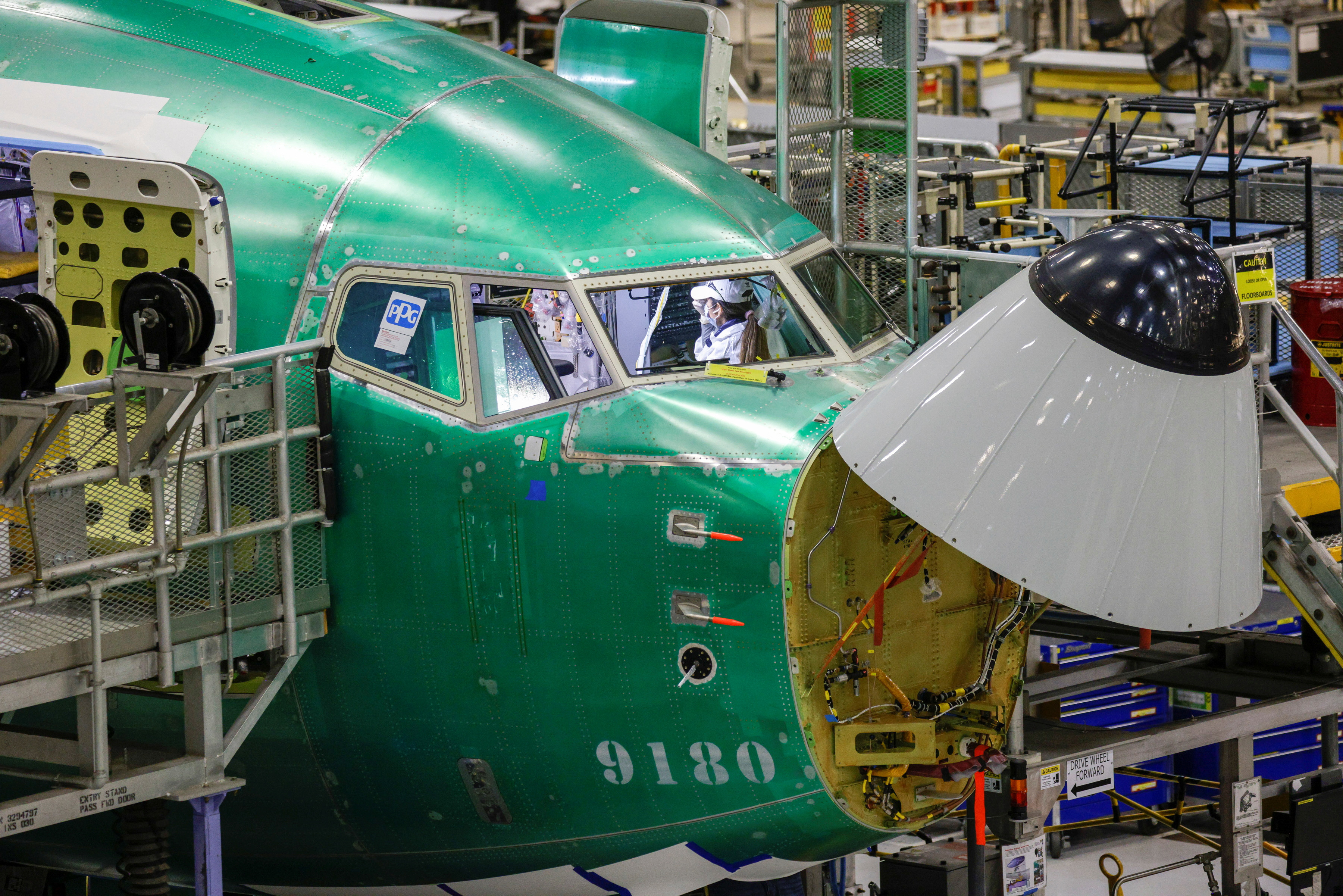 The P-8 production line is pictured at Boeing's 737 factory in Renton