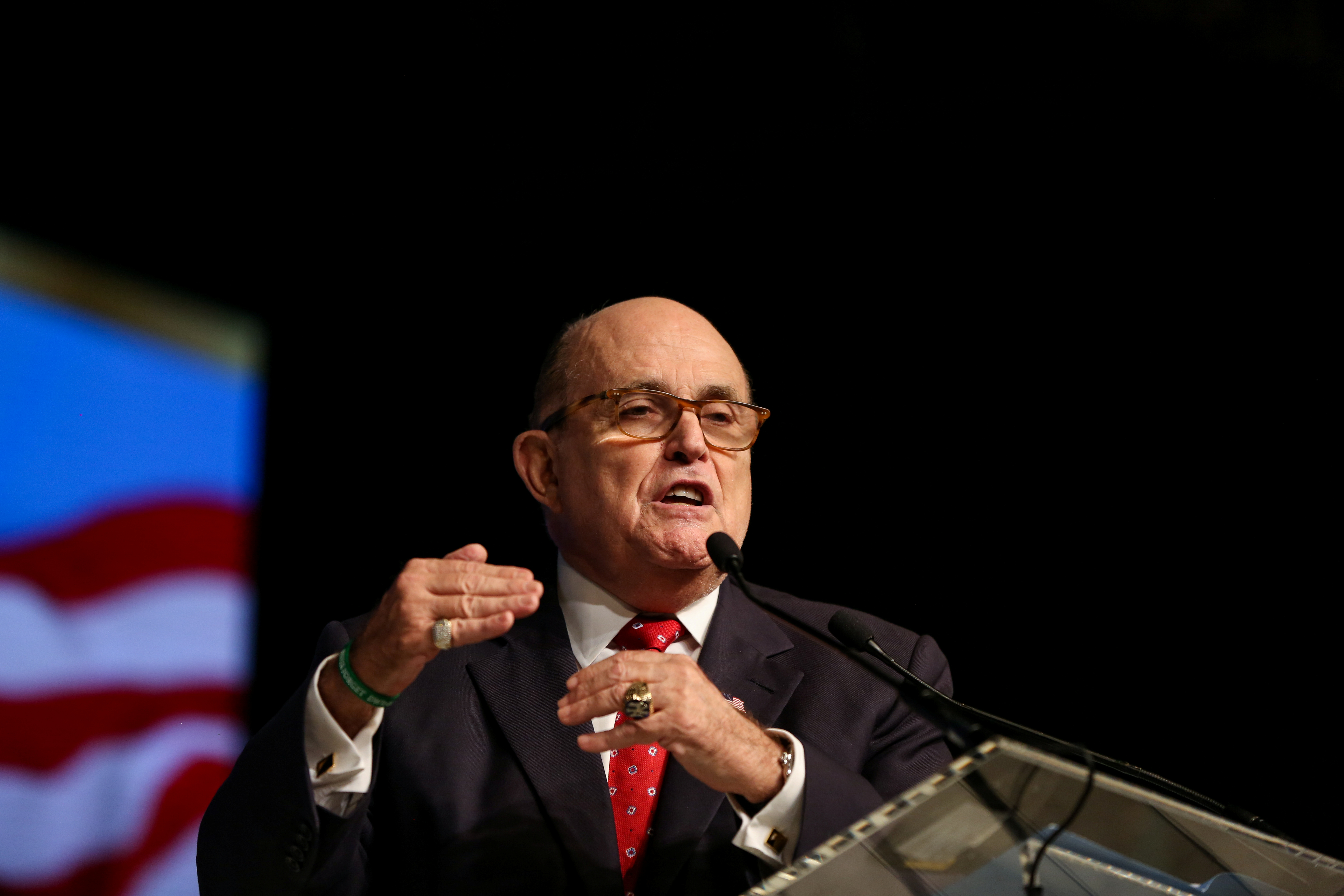 Rudolph Giuliani, former Mayor of New York City, delivers a speech during the 2018 Iran Uprising Summit in New York