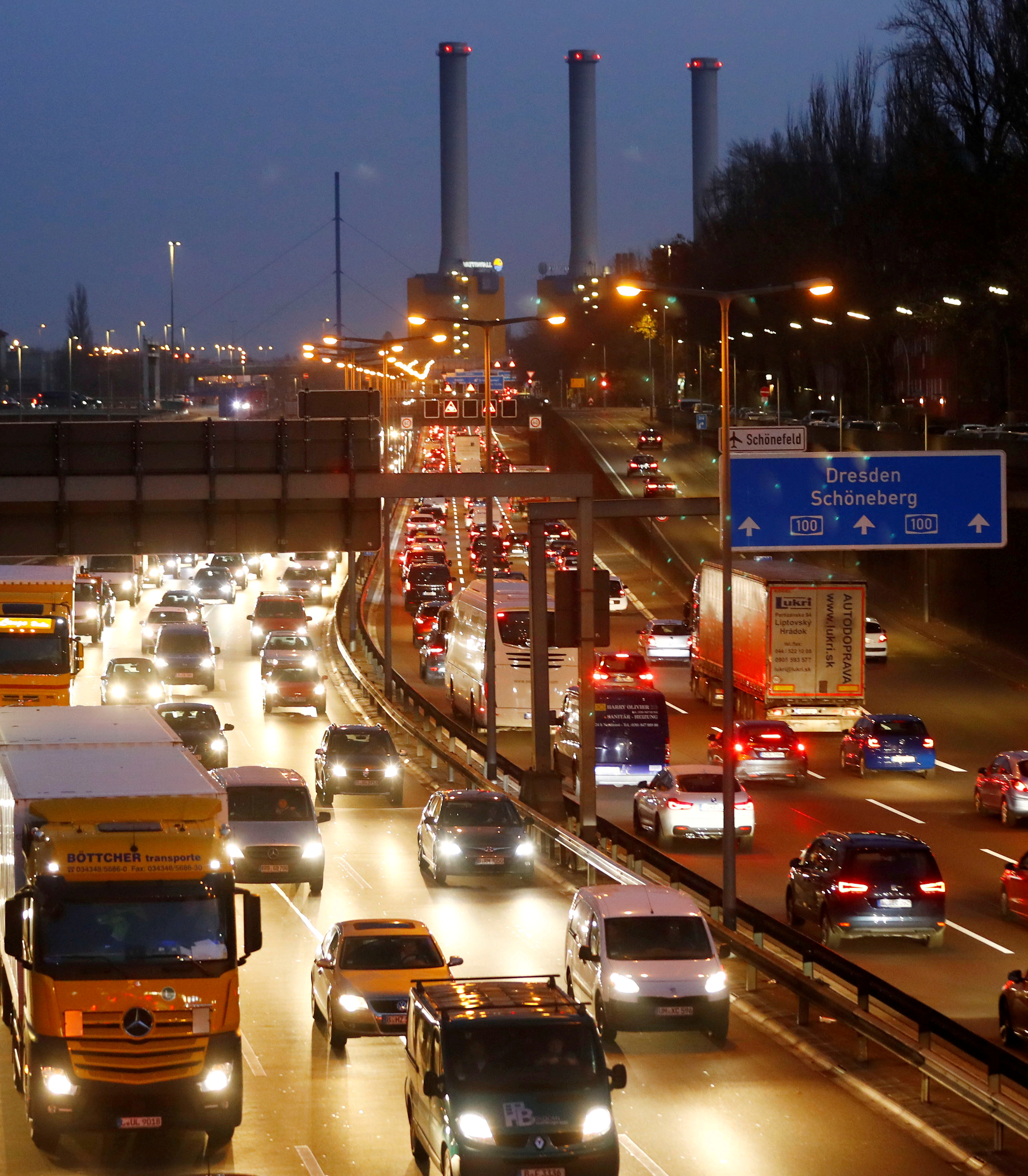 Cars queue during traffic jam on the city highway A100 at rush hour in Berlin