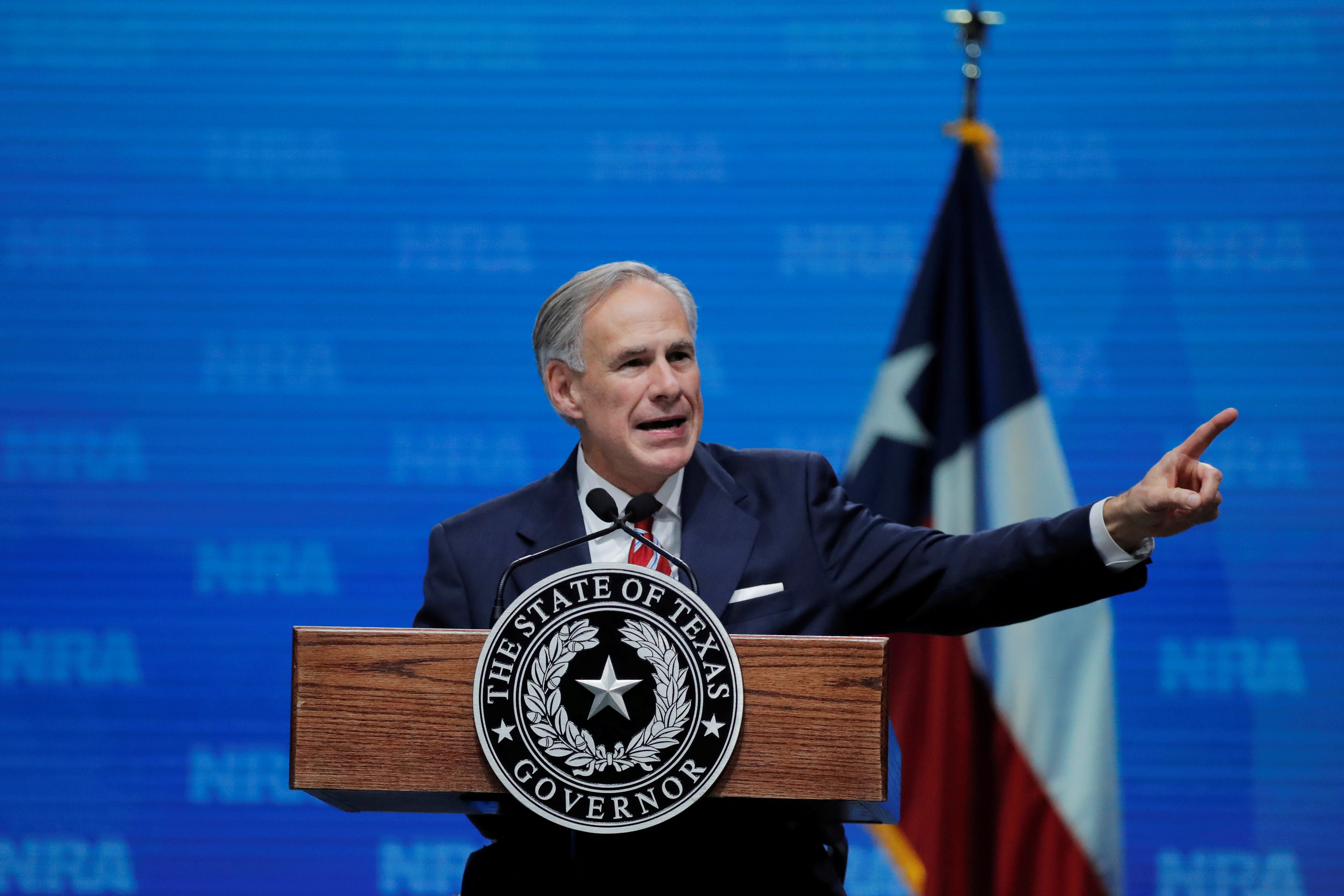 Texas Governor Greg Abbott speaks at the annual National Rifle Association (NRA) convention in Dallas, Texas, U.S., May 4, 2018. REUTERS/Lucas Jackson