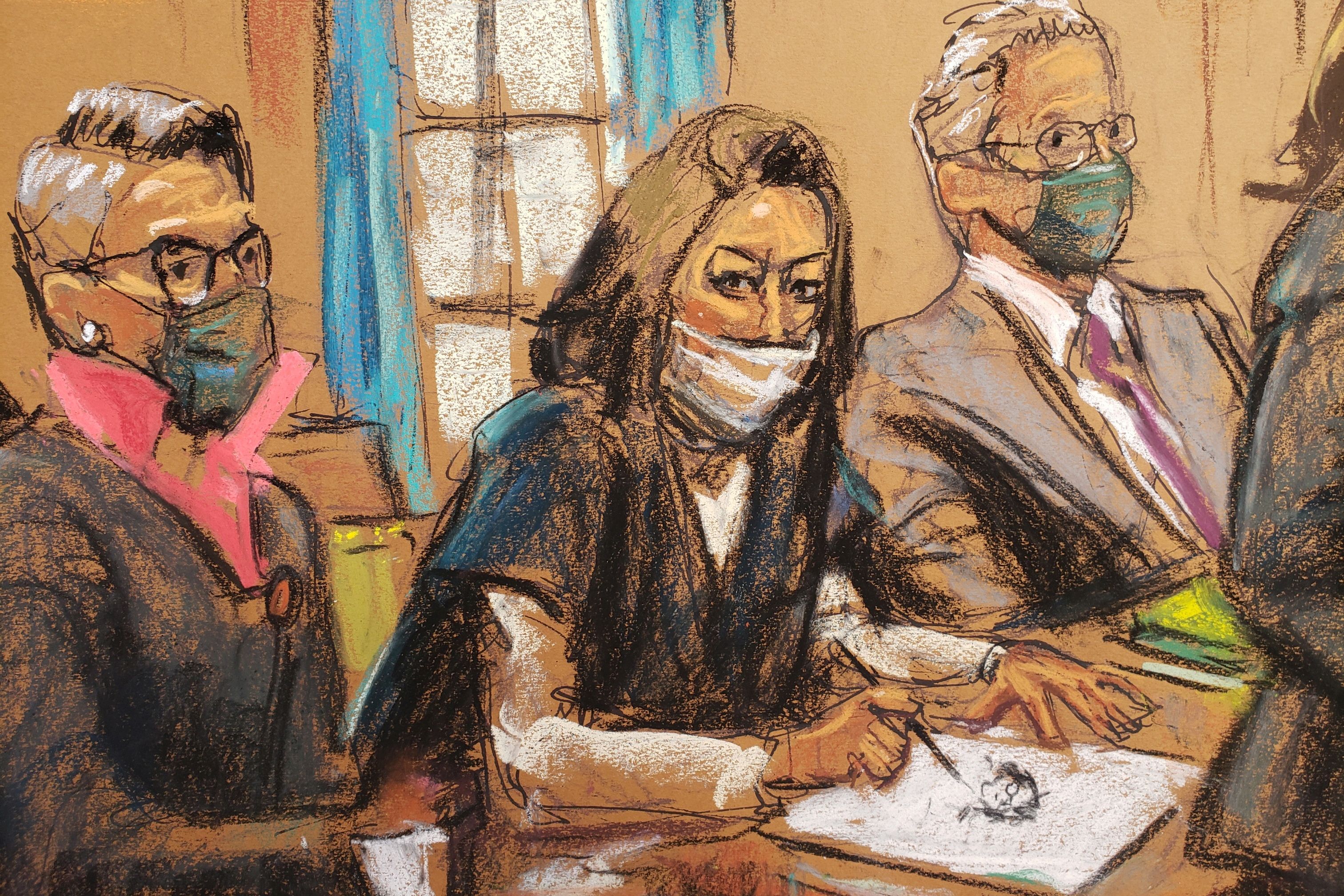 Ghislaine Maxwell, the Jeffrey Epstein associate accused of sex trafficking, makes a sketch of court artists while seated between defense attorneys Bobbi Sternheim and Jeffrey Pagliuca, during a pre-trial hearing ahead of jury selection, in a courtroom sketch in New York City, U.S., November 1, 2021. REUTERS/Jane Rosenberg