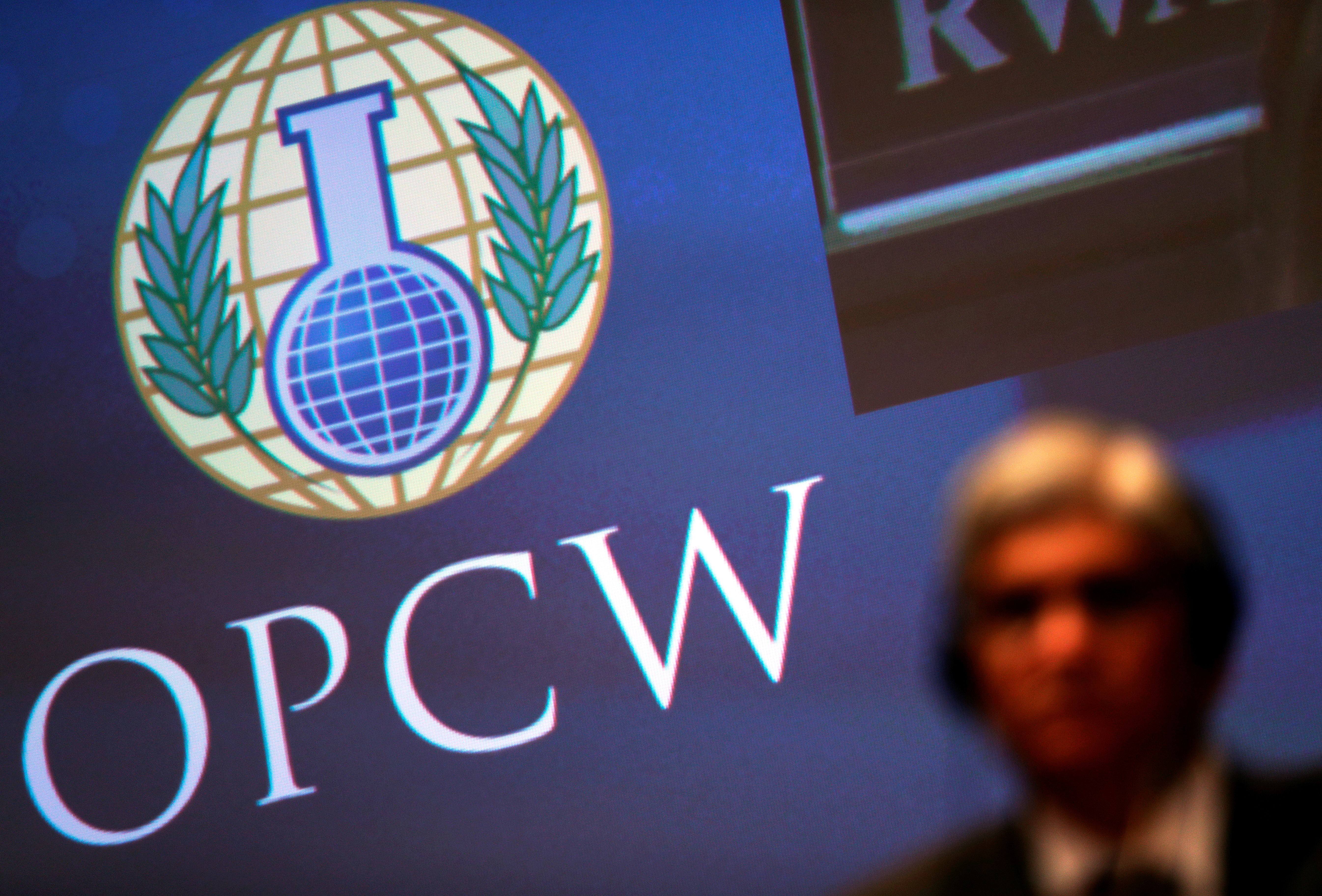 The logo of the Organisation for the Prohibition of Chemical Weapons is seen during a special session in the Hague,