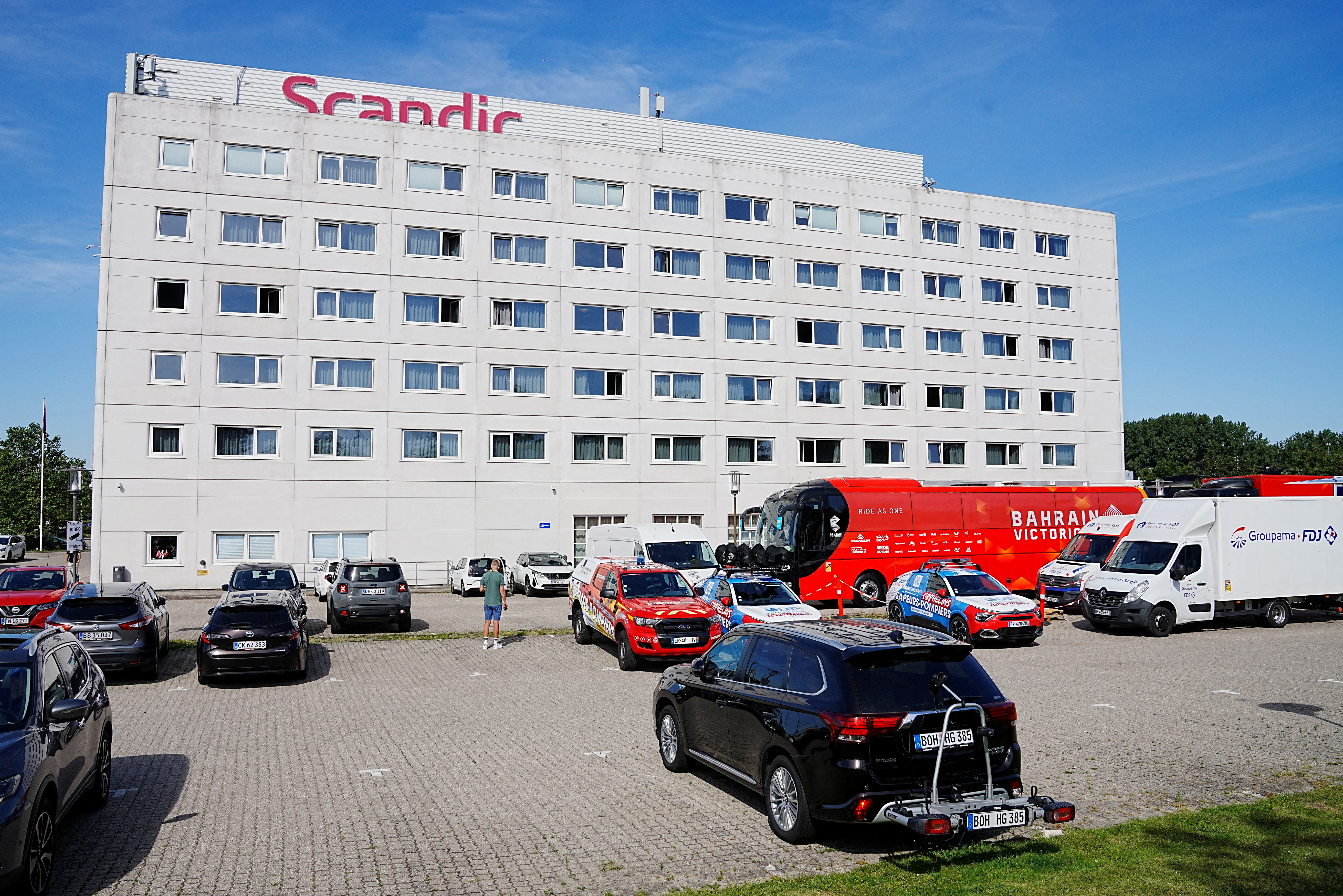 Team Bahrain Victorious' bus stands in front of Scandic Glostrup hotel, in Glostrup