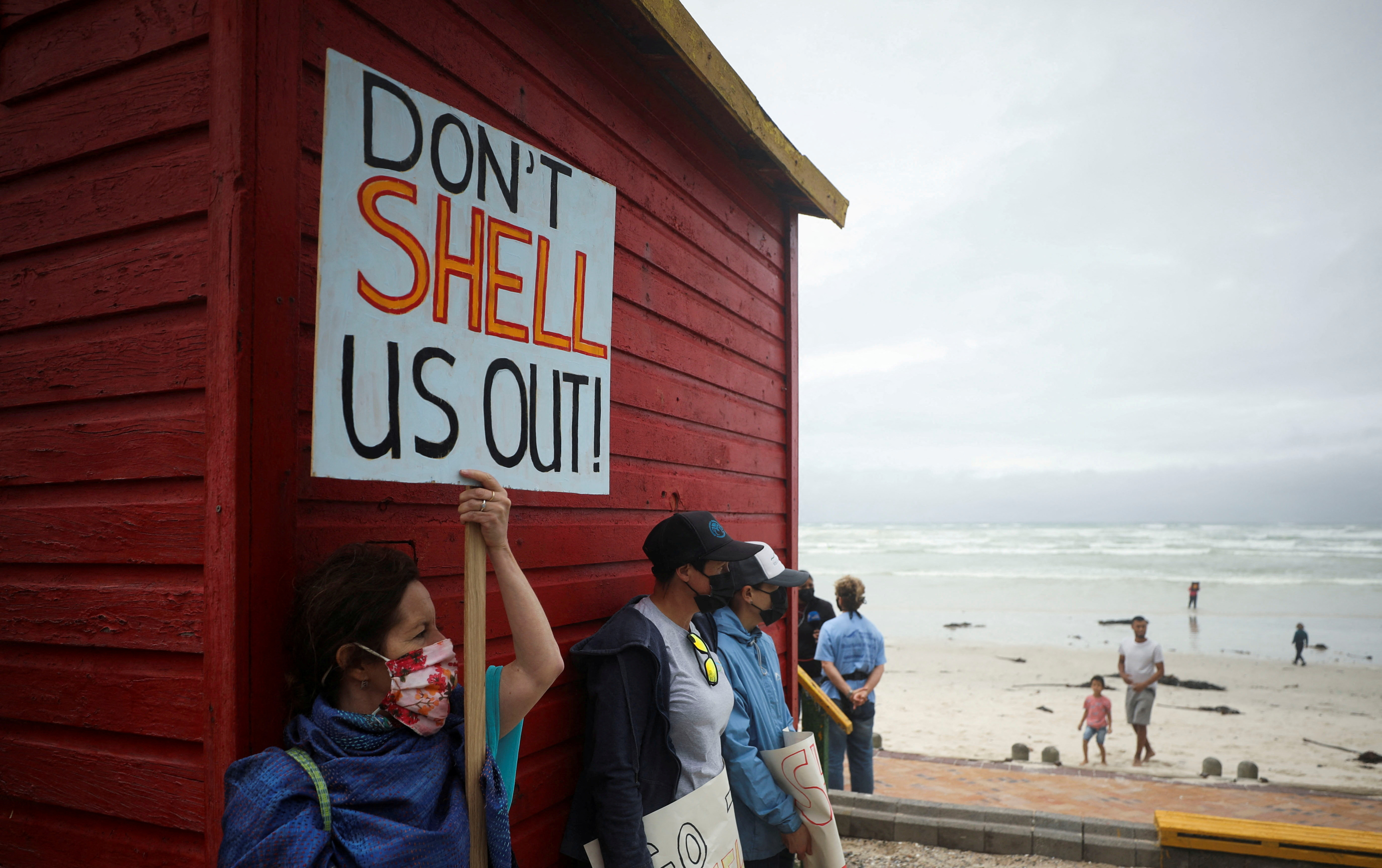 Protestors demonstrate against Royal Dutch Shell's plans to start seismic surveys in Cape Town