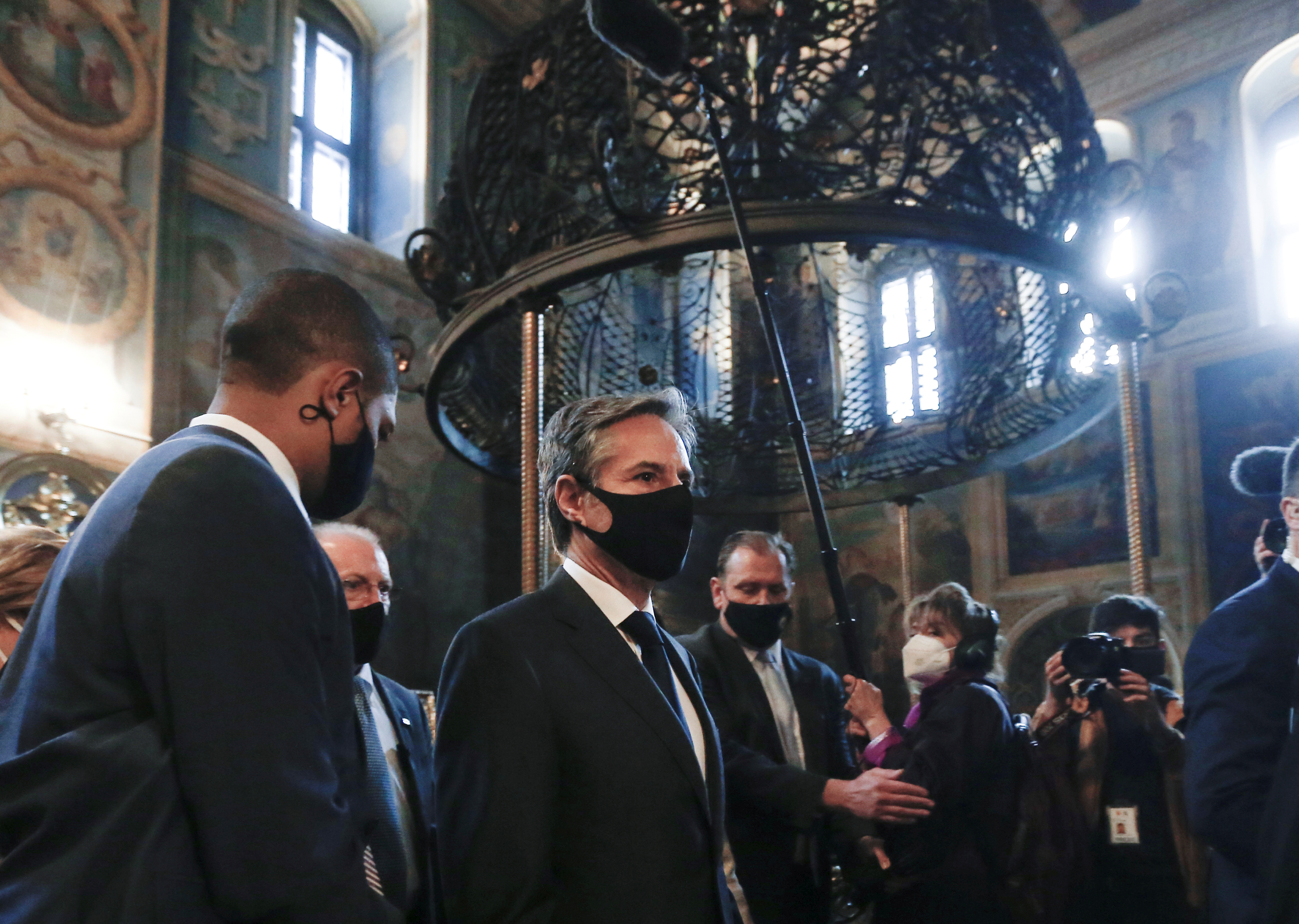 U.S. Secretary of State Antony Blinken visits the St. Michael's Golden-Domed Cathedral in Kyiv