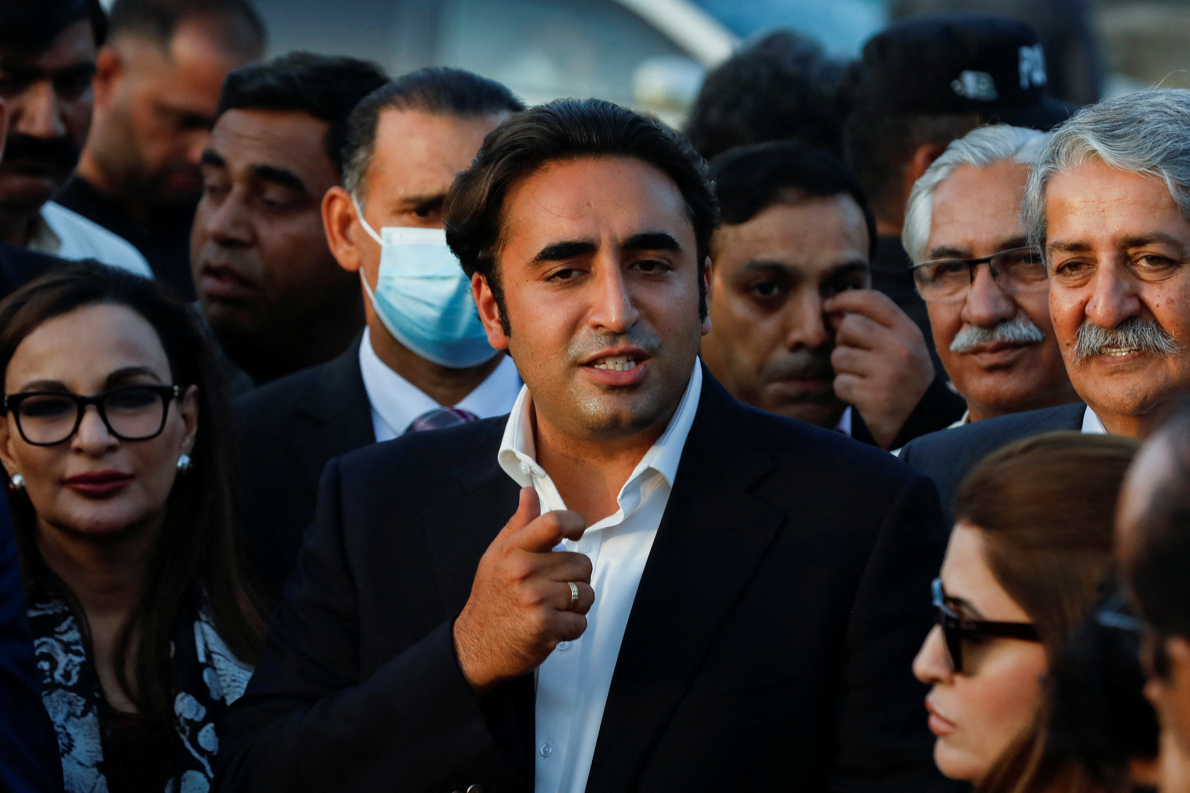 Bilawal Bhutto Zardari, chairman of the Pakistan People's Party, speaks to the media outside the parliament building, in Islamabad
