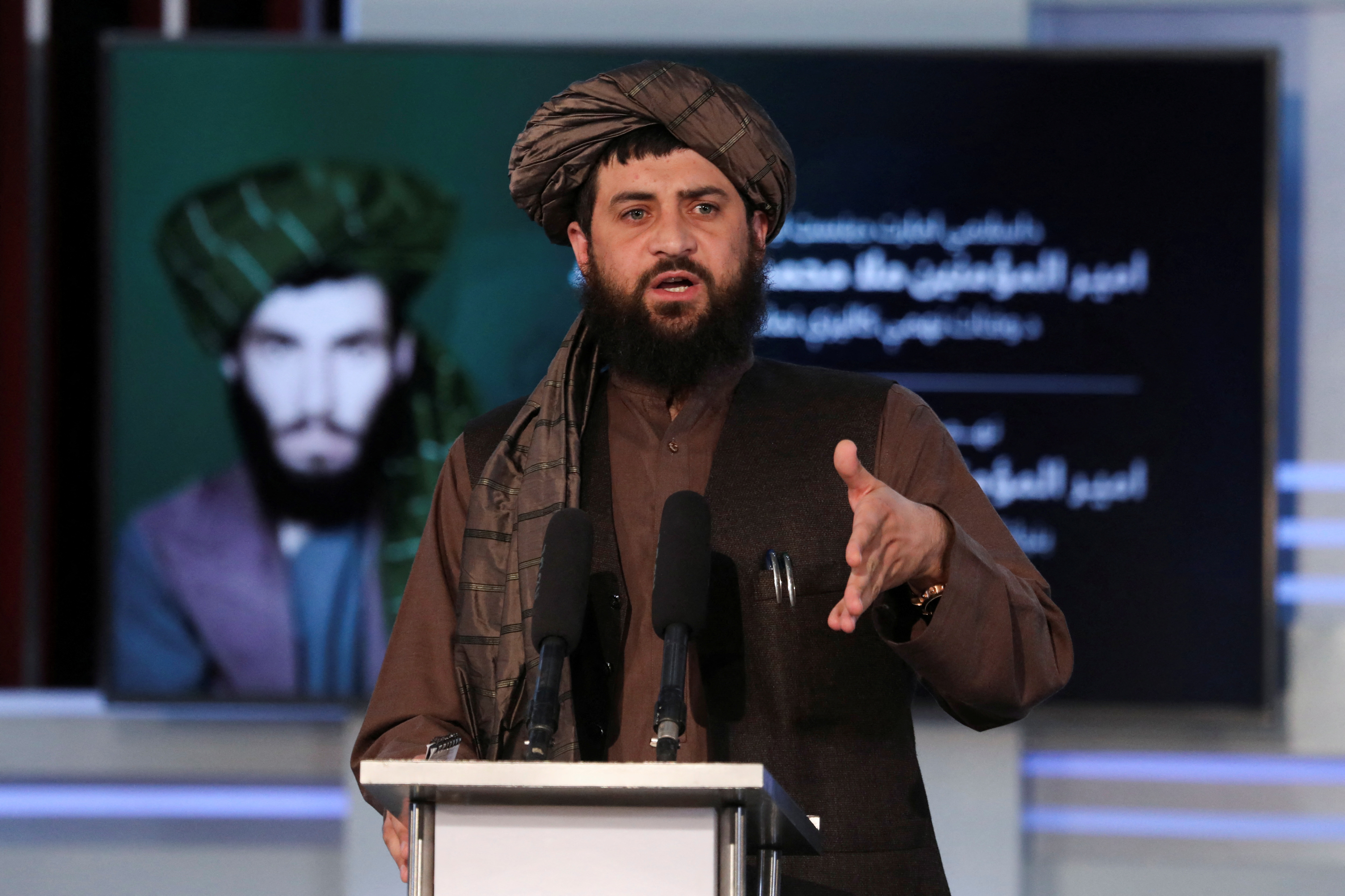 Afghan Taliban's Acting Minister of Defense Mullah Mohammad Yaqoob speaks during the death anniversary of Mullah Mohammad Omar, the late leader and founder of the Taliban, in Kabul
