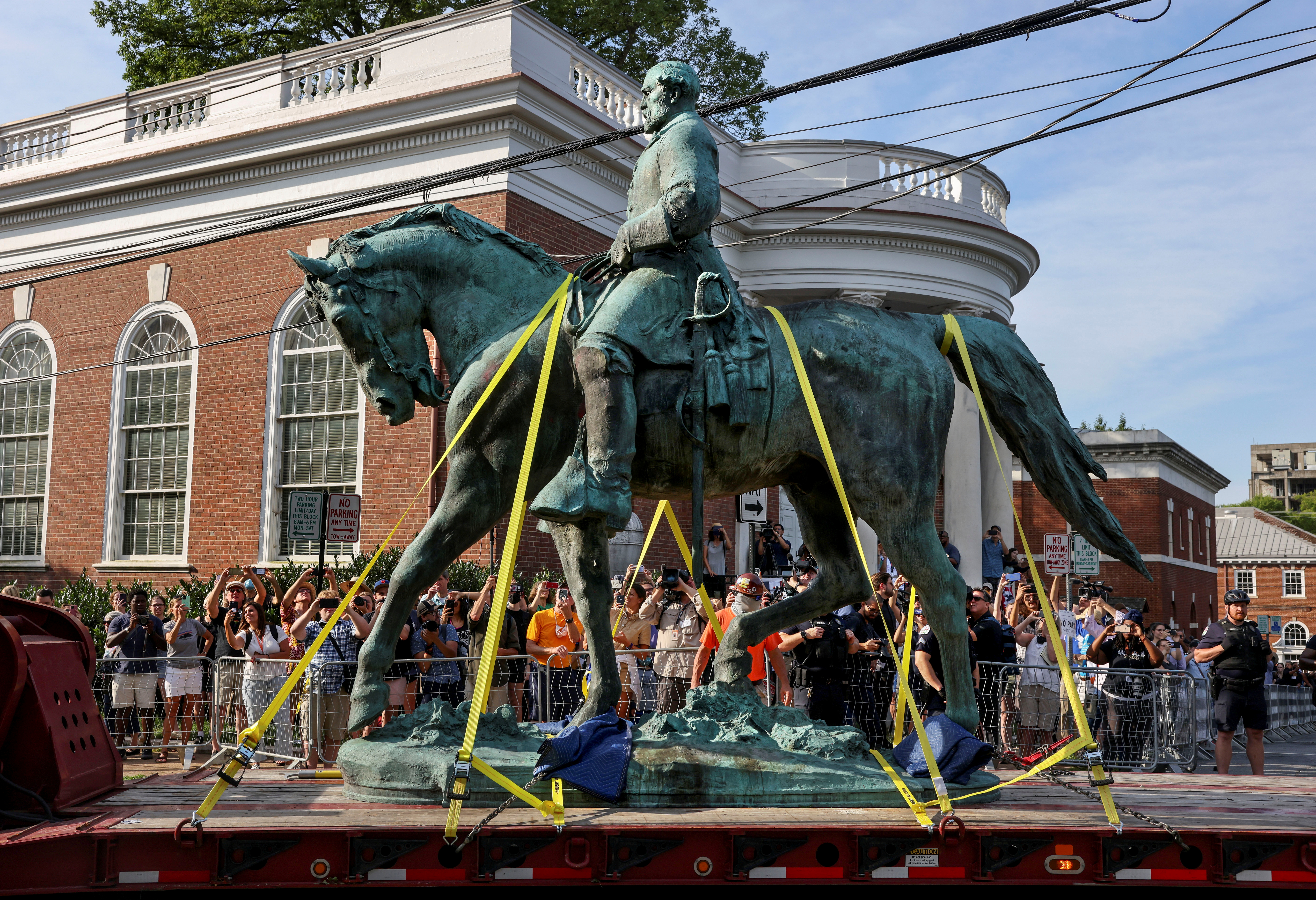 A statue of Confederate General Robert E. Lee is removed, in Charlottesville