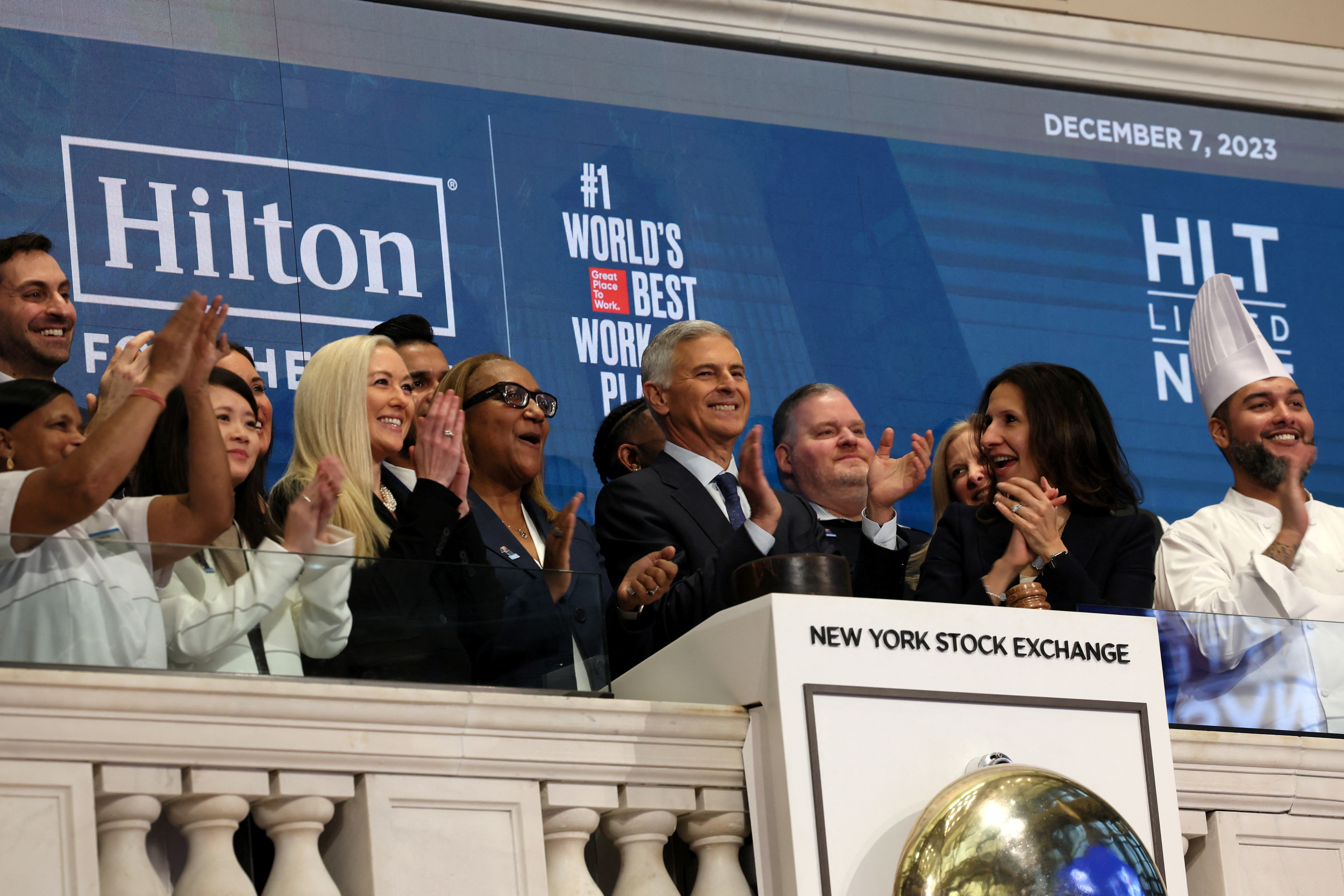 Christopher Nassetta, CEO of Hilton Worldwide, rings the opening bell at the NYSE in New York