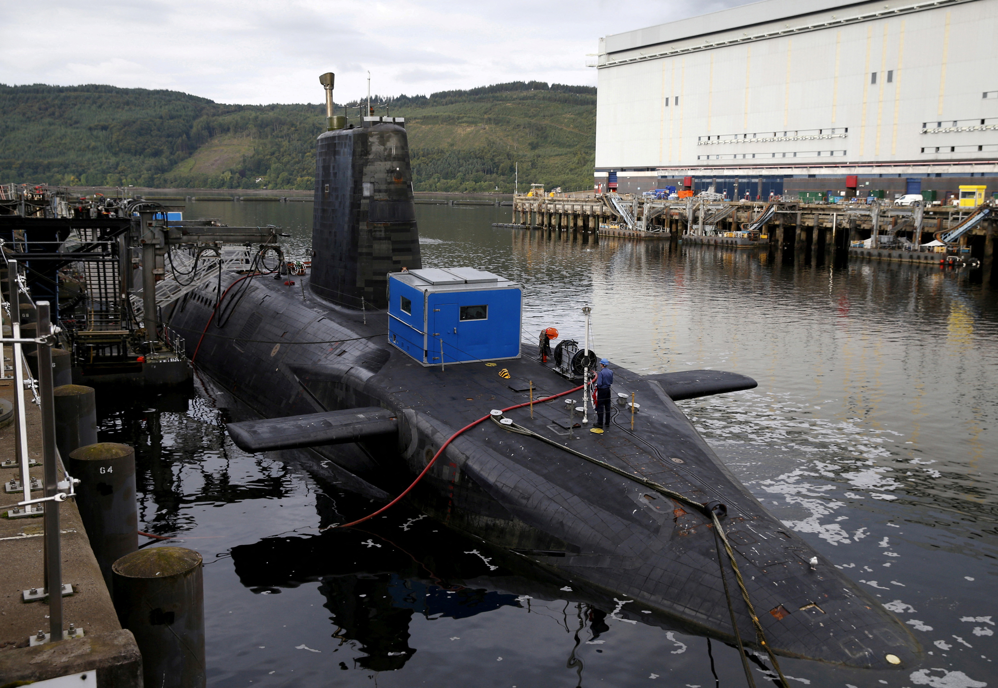 A nuclear submarine is seen at the Royal Navy's submarine base at Faslane, Scotland