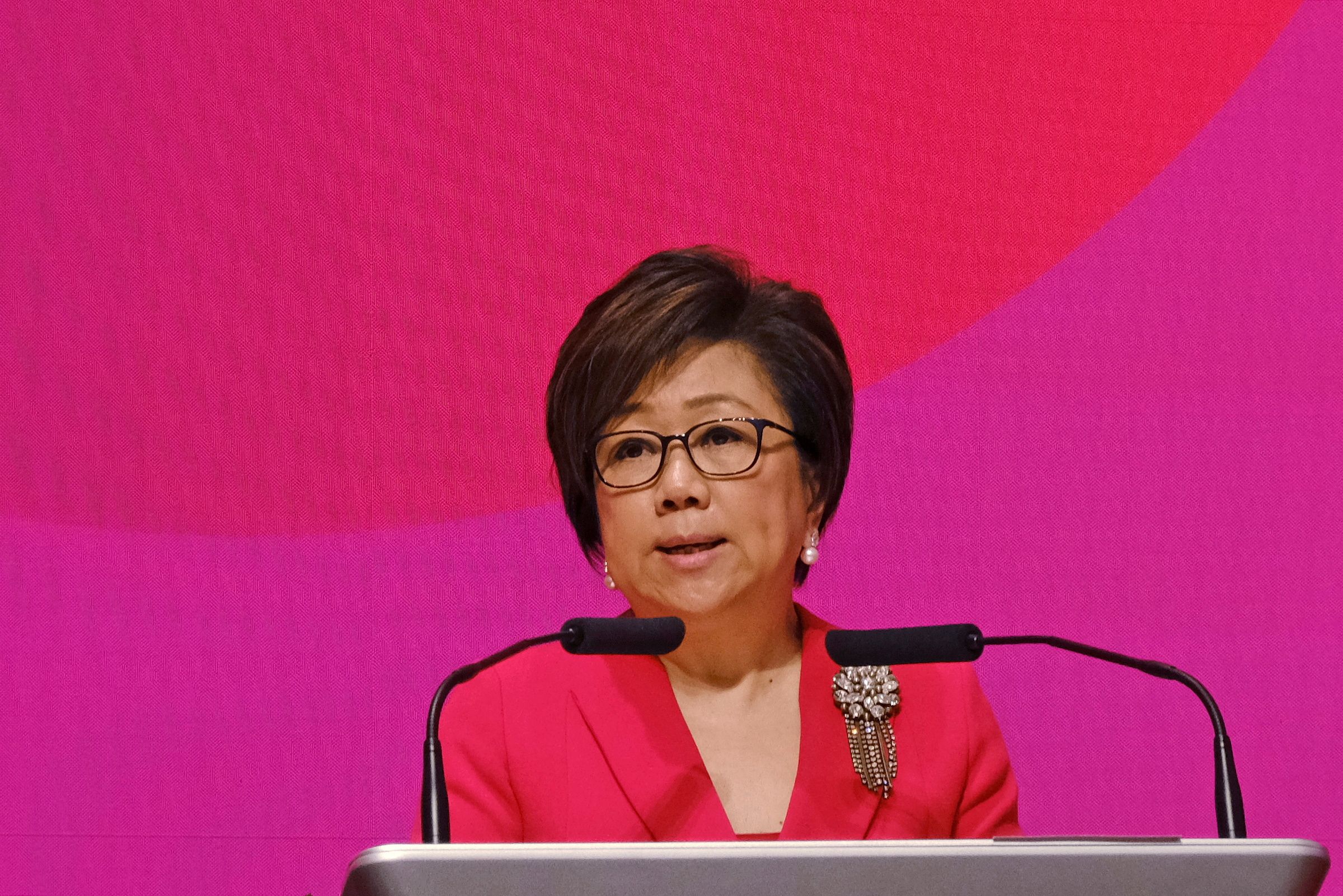 Hong Kong Exchanges and Clearing Ltd (HKEX) chairman Laura Cha Shih May-lung speaks during a ceremony marking the first day of trade after Lunar New Year at the Hong Kong stock exchange in Hong Kong