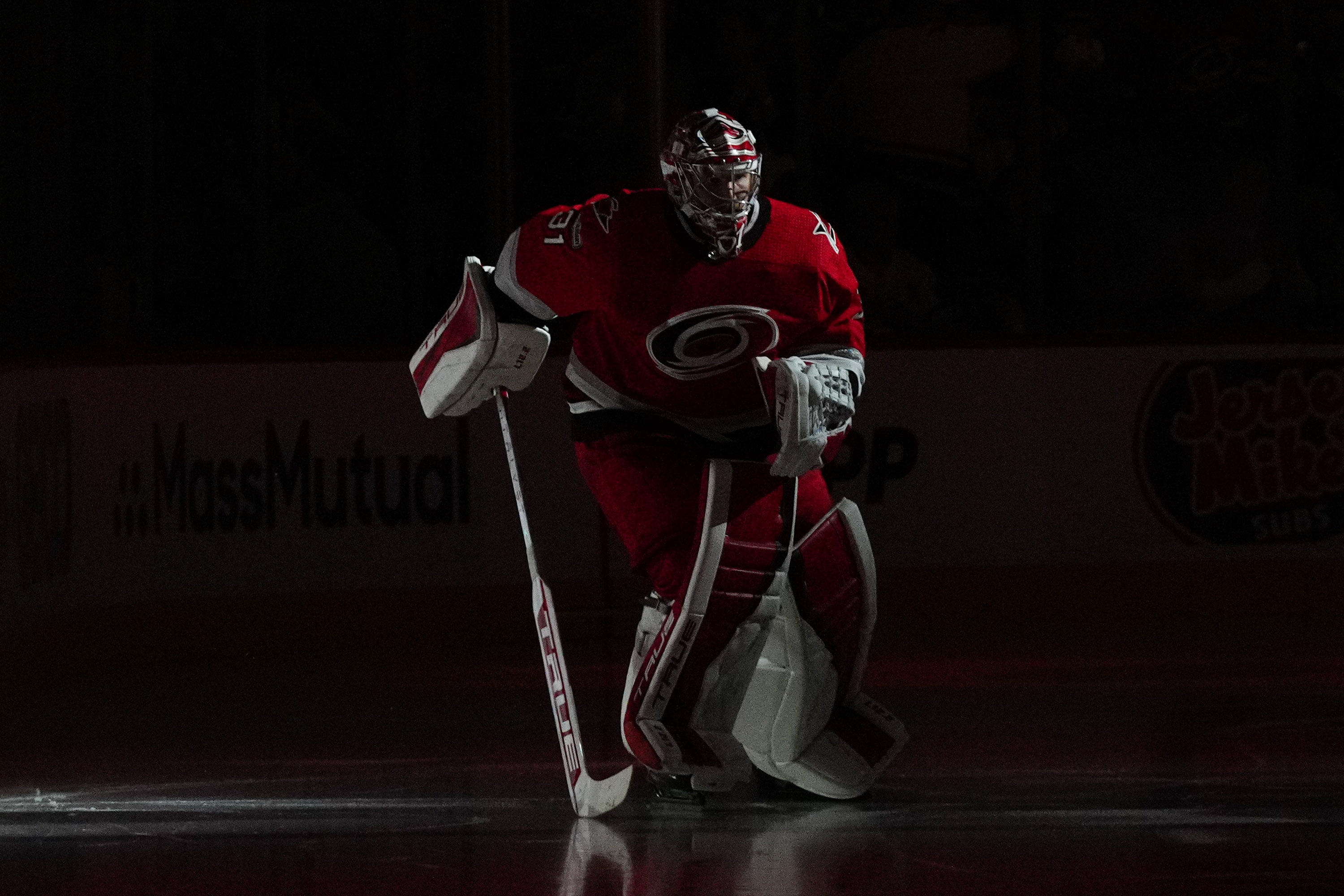 Carolina Hurricanes goaltender Frederik Andersen warms up before the start  of Game 3 of the NHL hockey Stanley Cup Eastern Conference finals against  the Florida Panthers, Monday, May 22, 2023, in Sunrise