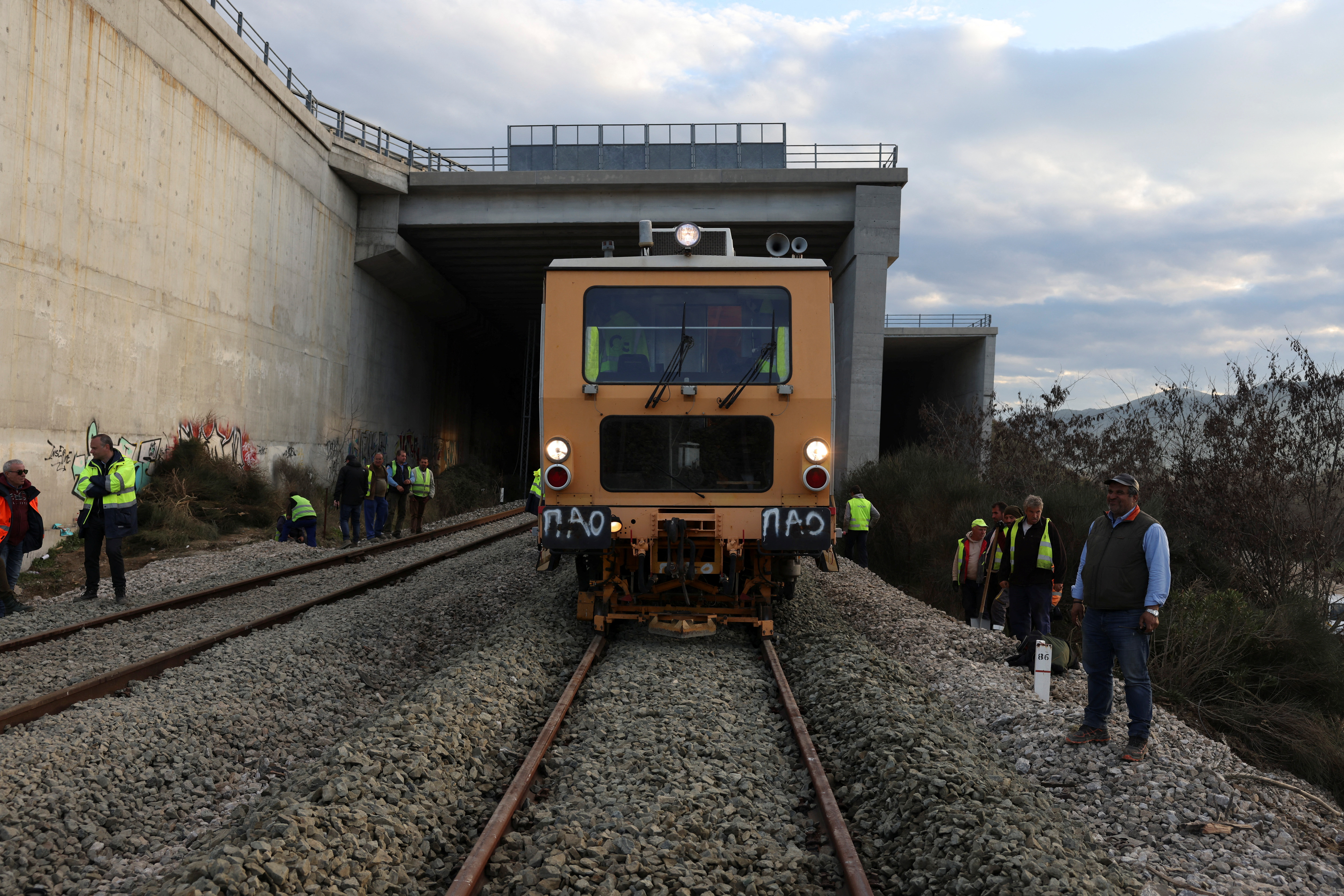 A carriage is seen on the tracks at the cleaned site of a fatal train crash in the city of Larissa