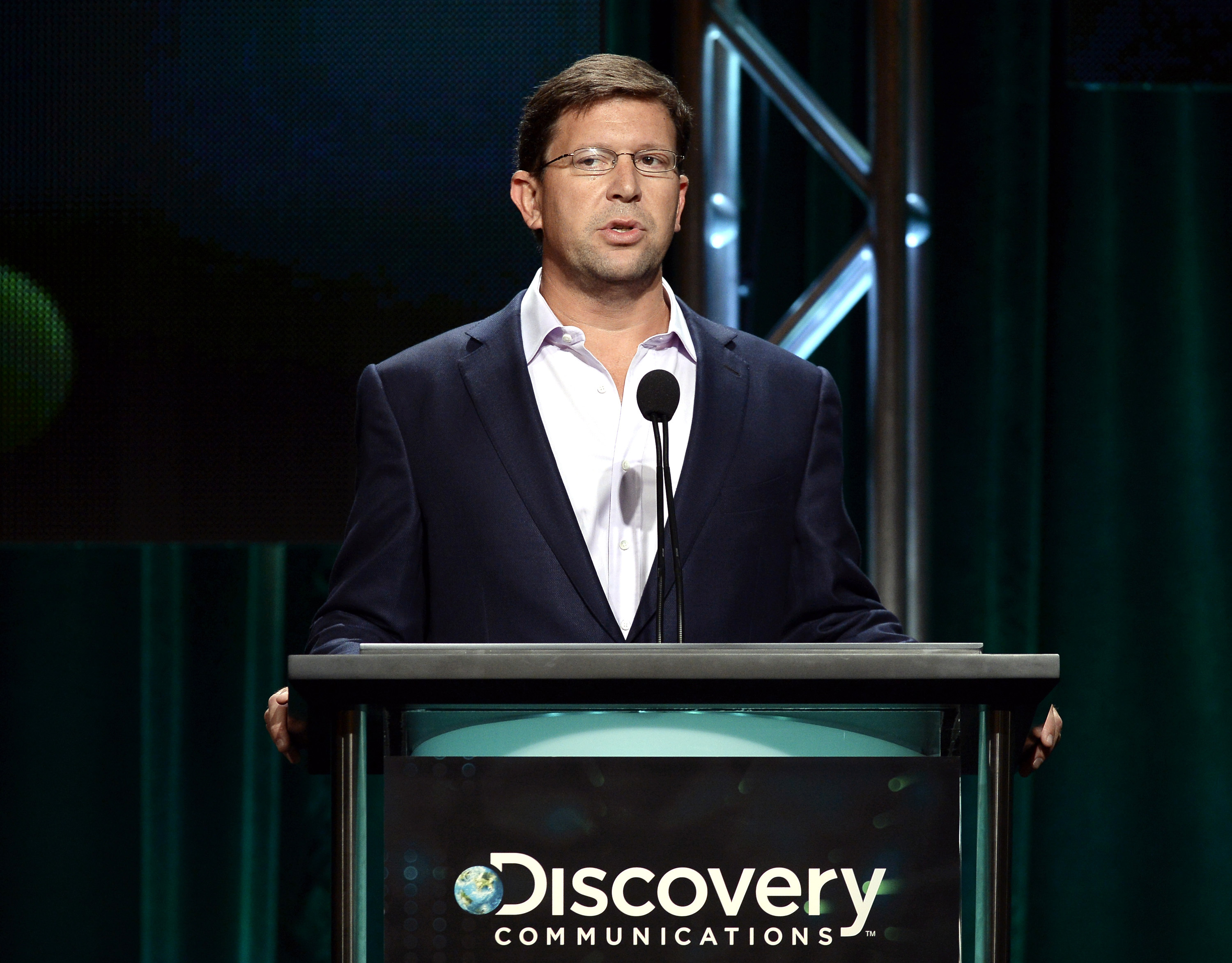 Leavy ,Chief Communications Officer and SEVP-Corporate Marketing & Affairs at Discovery Communications, Inc., speaks during Discovery Communications portion of the 2014 Television Critics Association Cable Summer Press Tour in Beverly Hills
