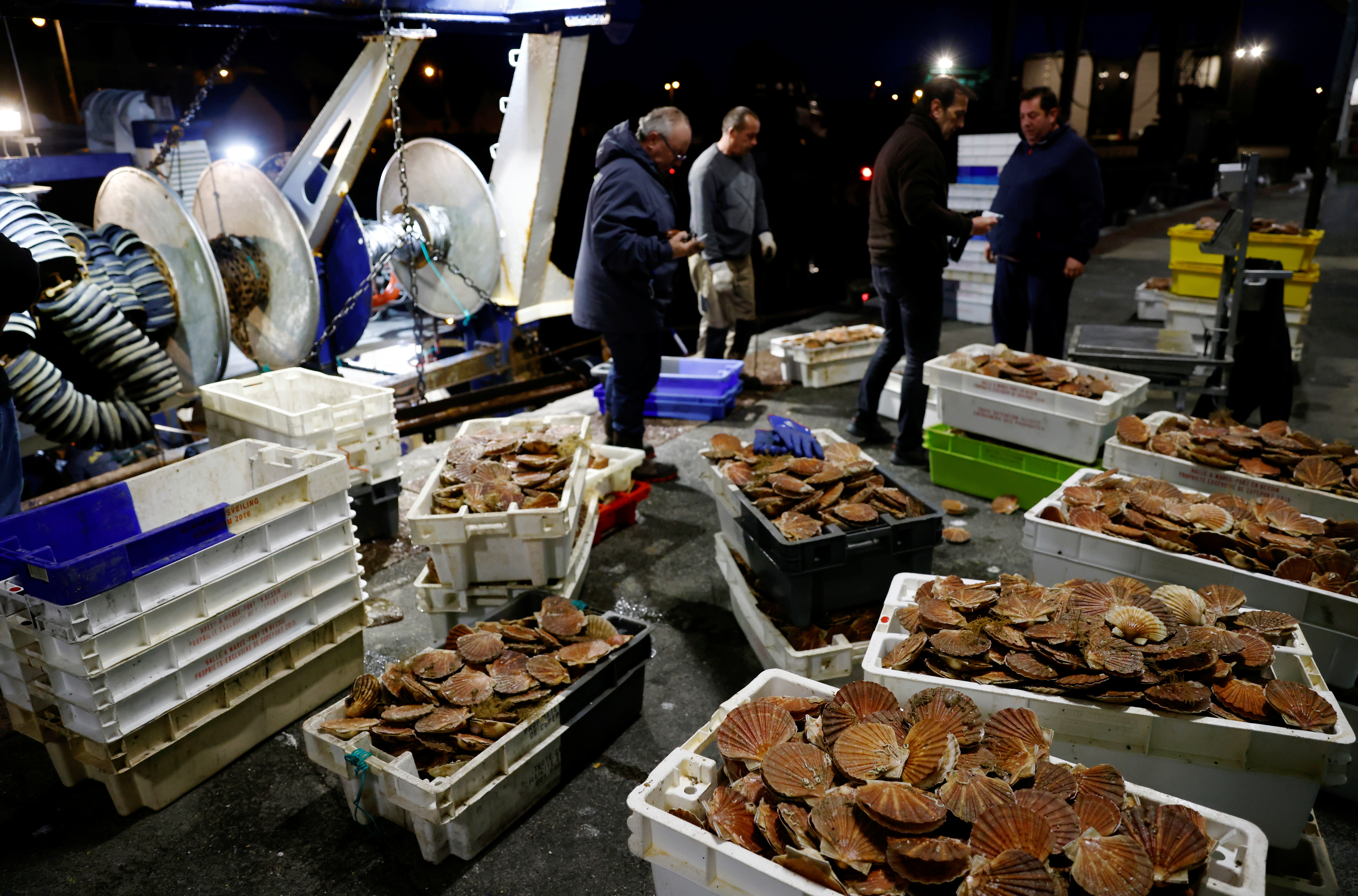 Fishermen unload box of scallops at the fishing port in Port-en-Bessin-Huppain, France, November 1, 2021. REUTERS/Stephane Mahe