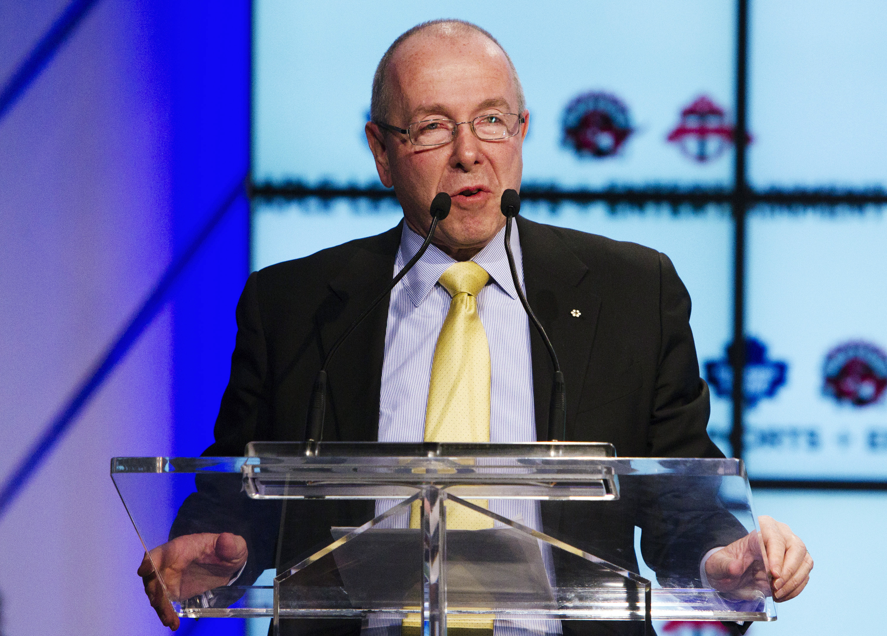 Chairman of MLSE Tanenbaum speaks at a news conference announcing the sale of MLSE in Toronto