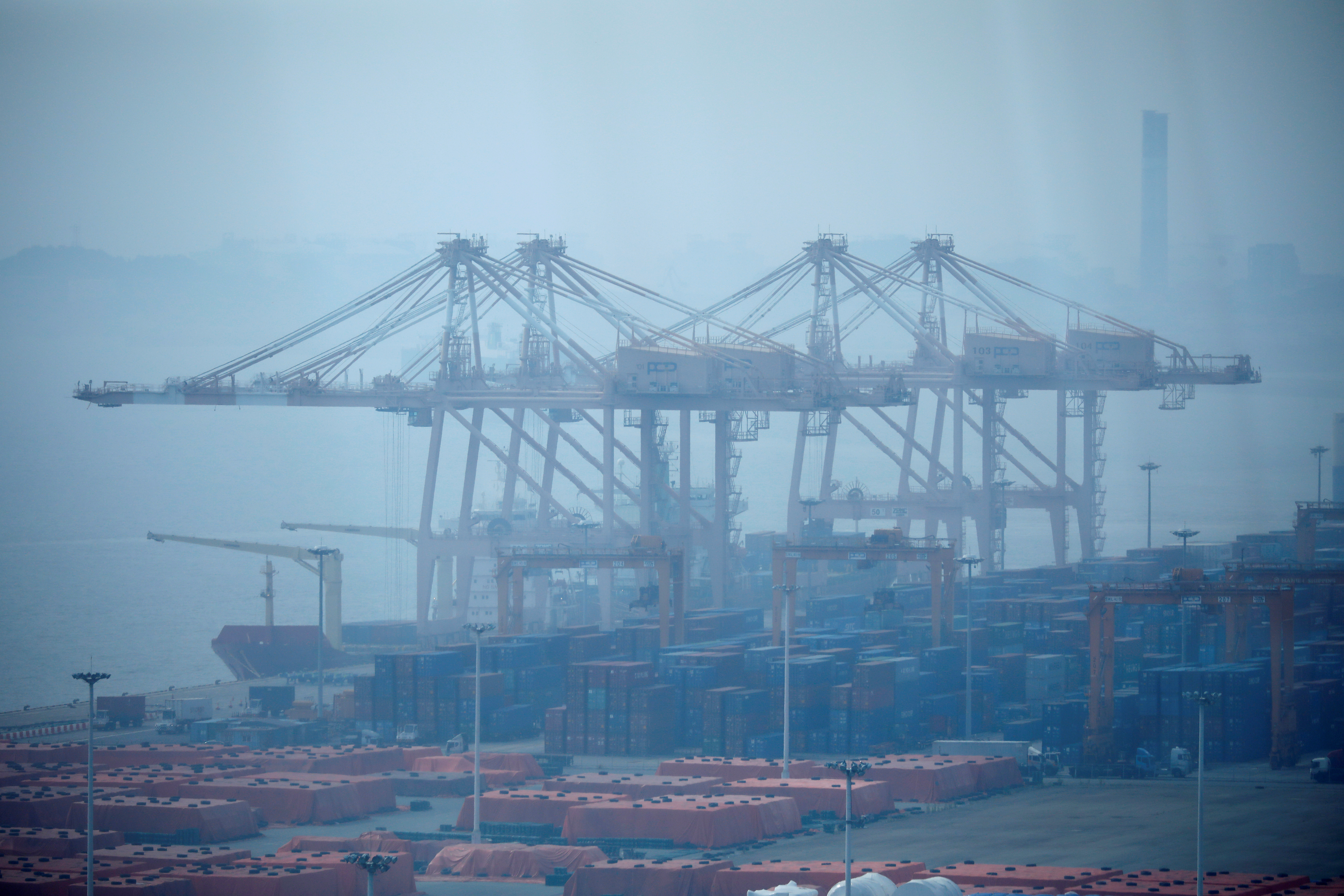 Cranes are seen at Pyeongtaek port in Pyeongtaek