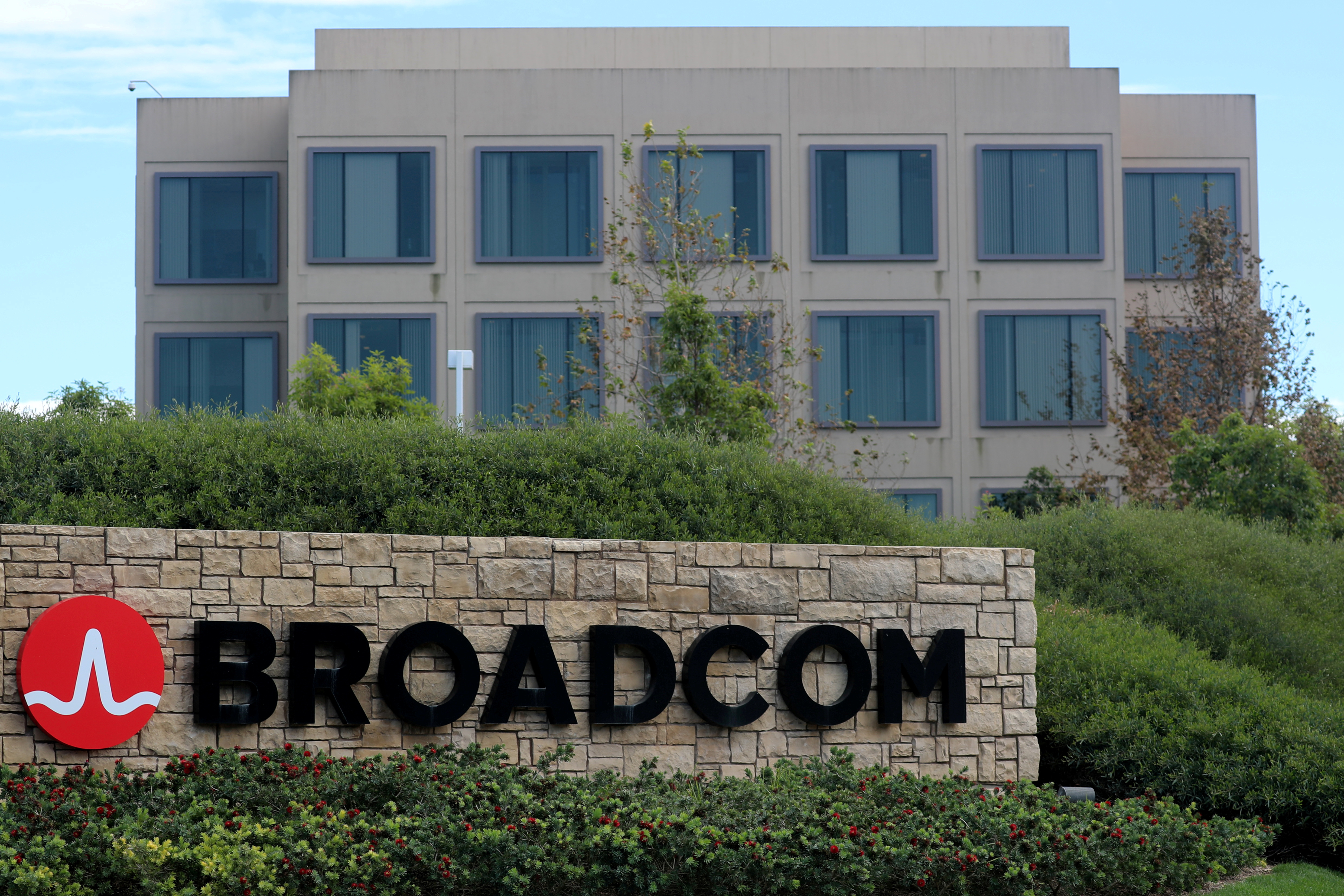 A sign to the campus offices of chipmaker Broadcom Ltd is shown in Irvine