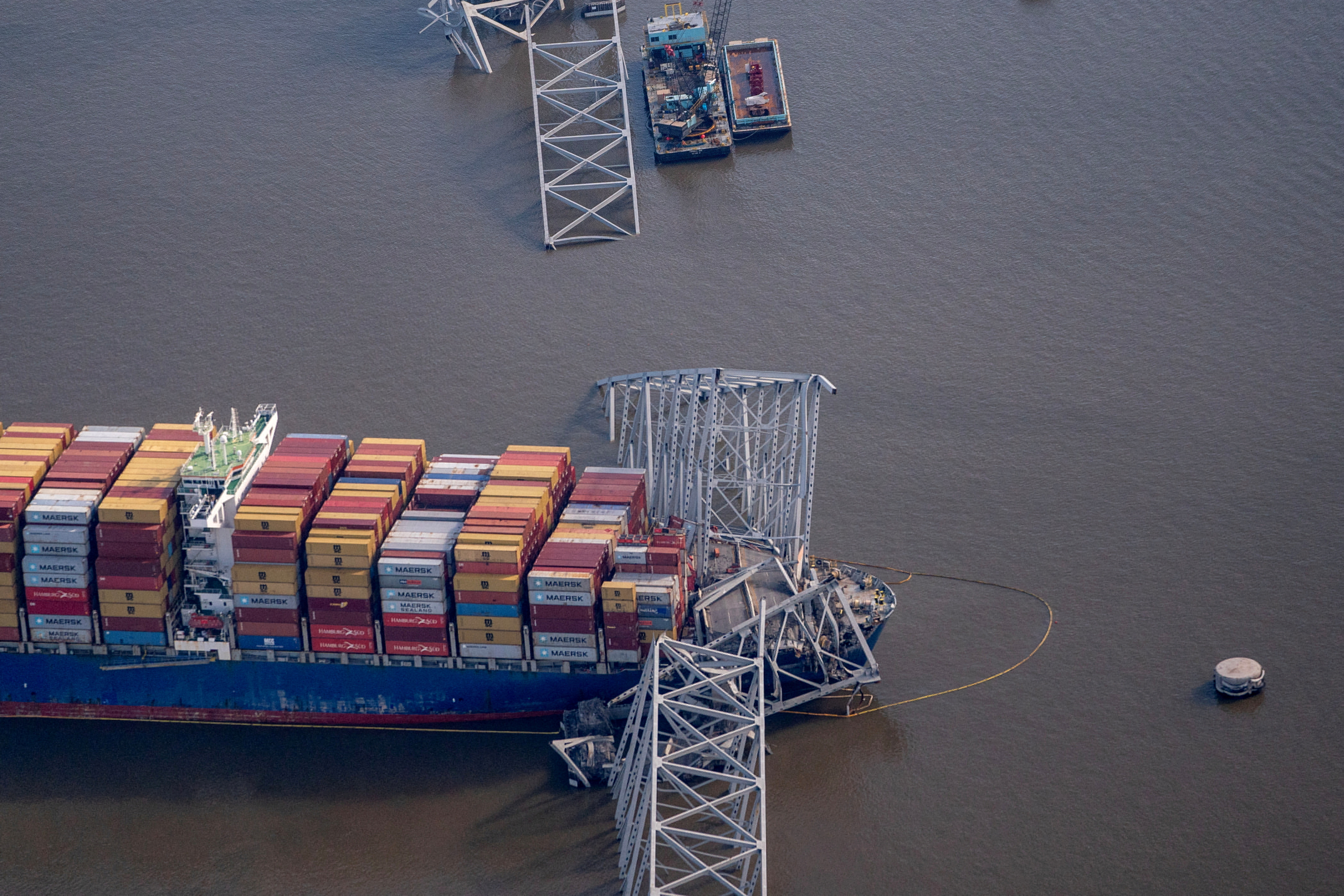 View of the Dali cargo vessel which crashed into the Francis Scott Key Bridge causing it to collapse in Baltimore, Maryland