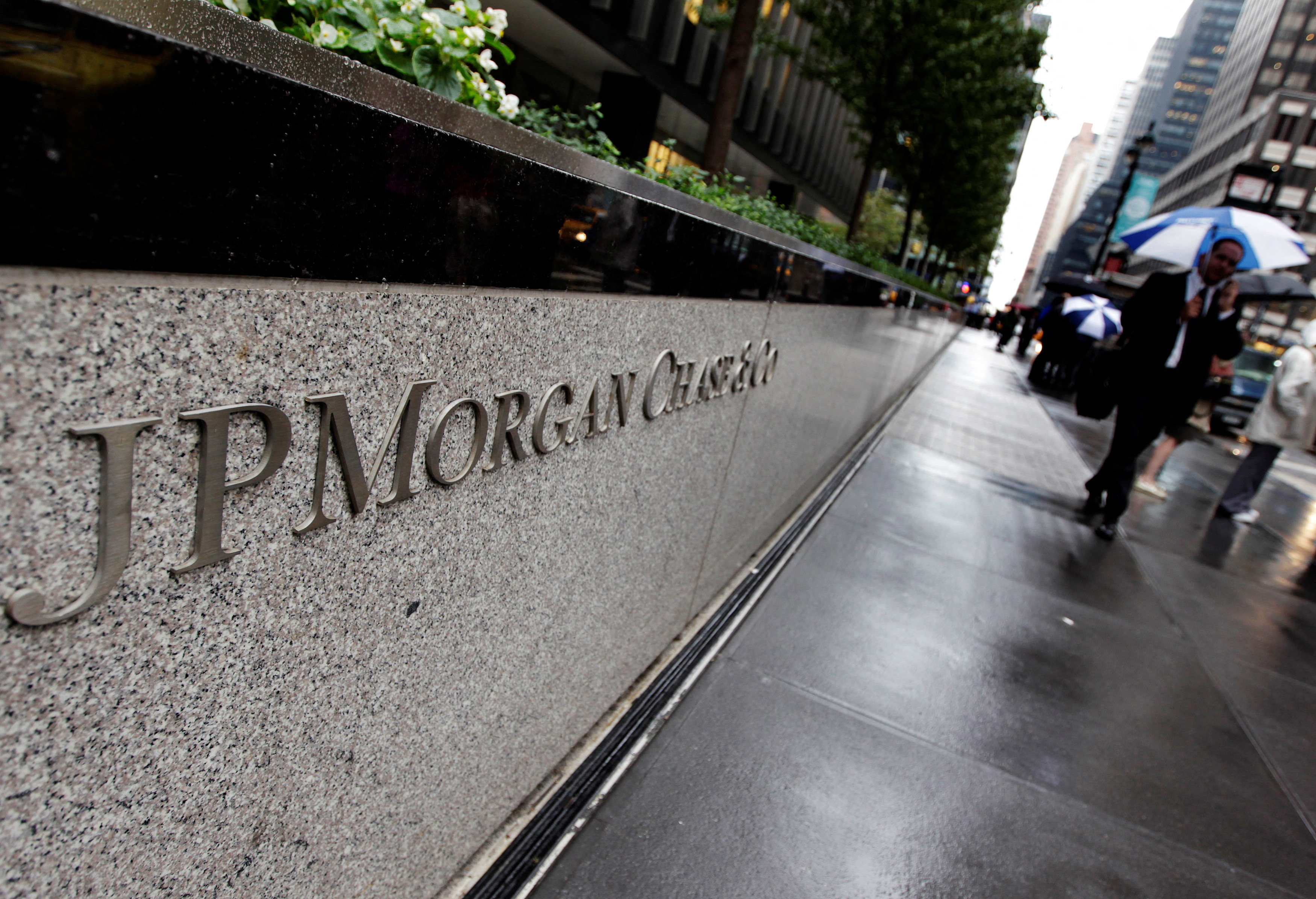 The entrance to JPMorgan Chase's international headquarters on Park Avenue is seen in New York