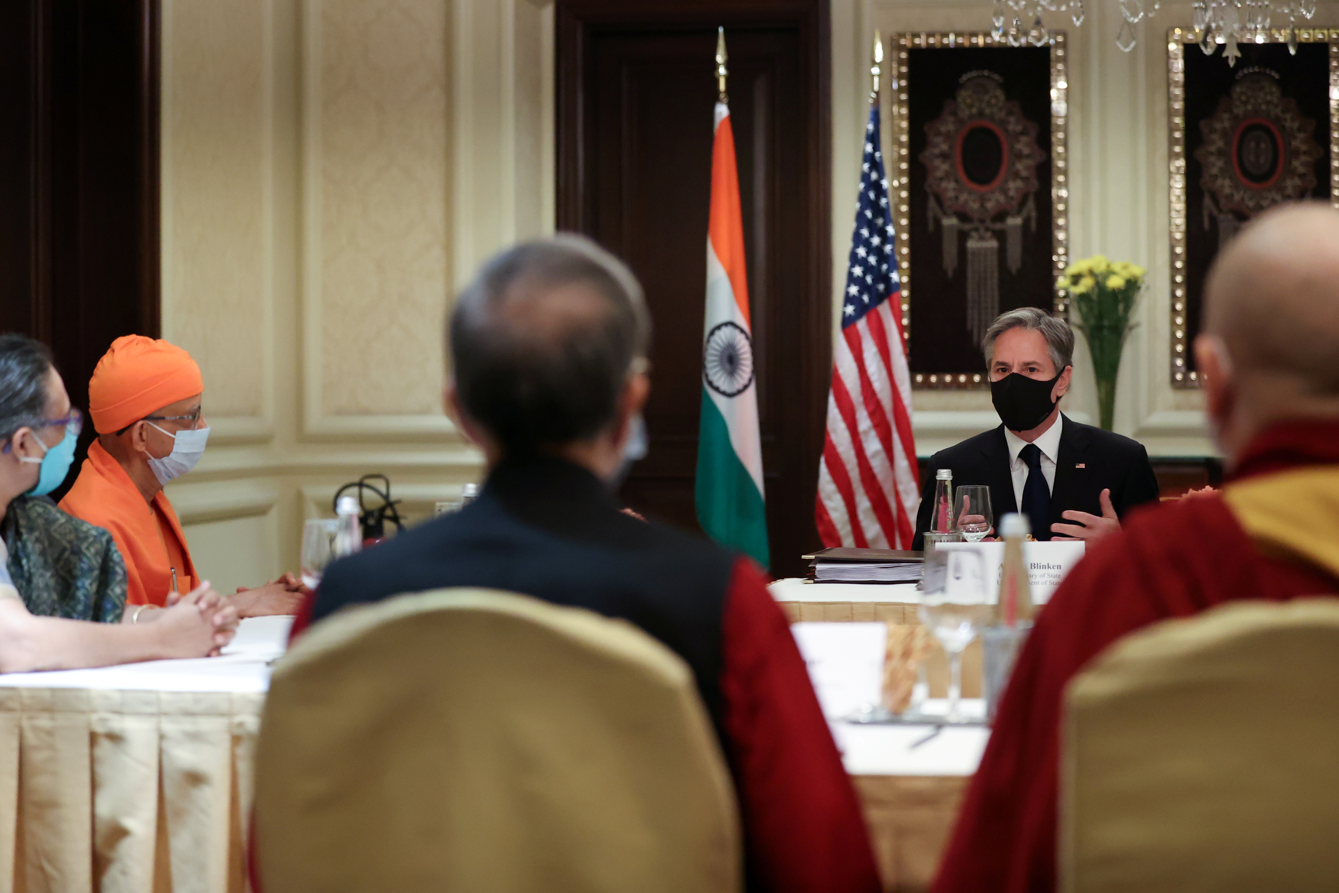U.S. Secretary of State Antony Blinken delivers remarks to civil society organization representatives in a meeting room at the Leela Palace Hotel in New Delhi, India, July 28, 2021. REUTERS/Jonathan Ernst