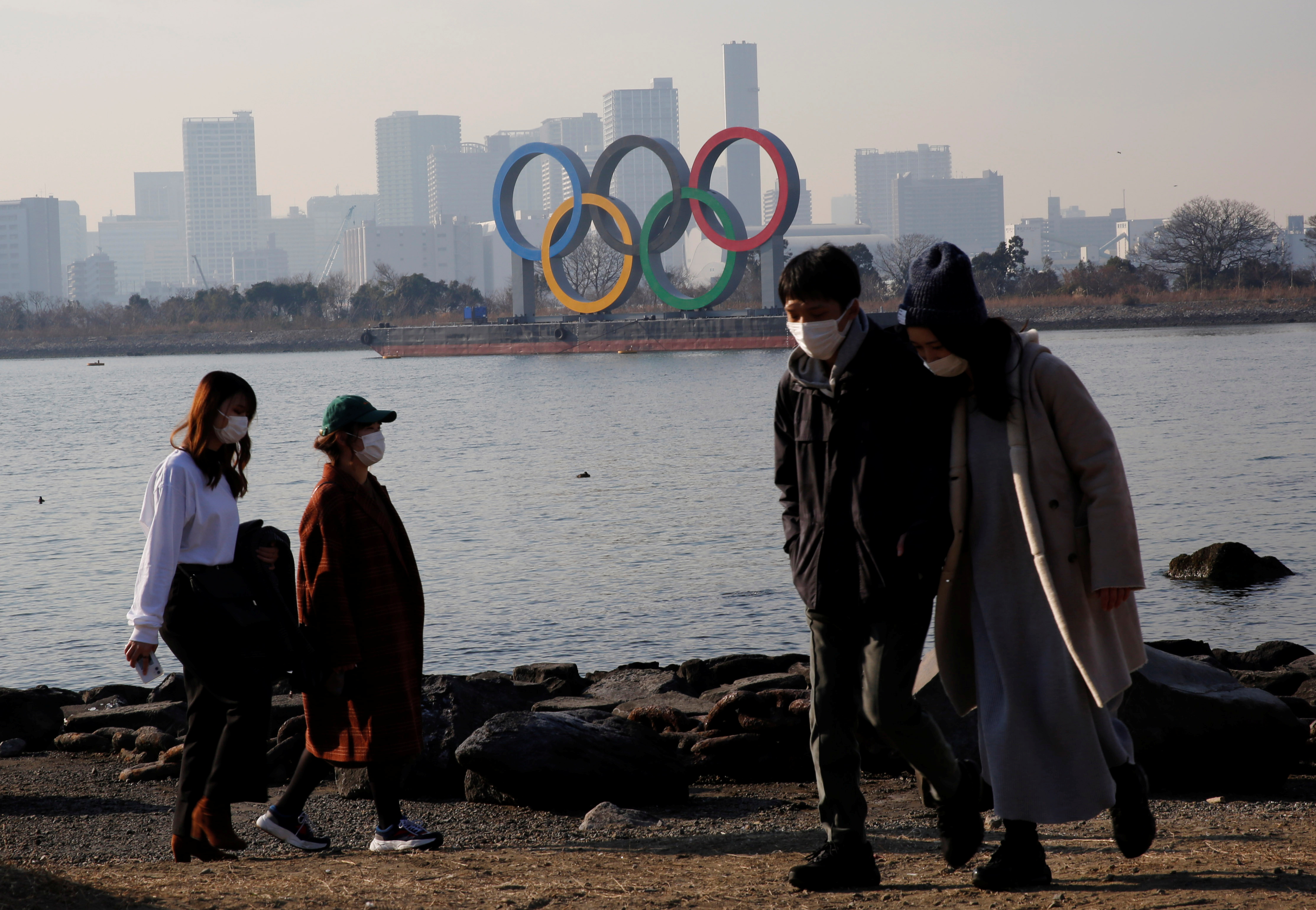 Giant Olympic rings at a park ,amid the coronavirus disease (COVID-19) outbreak