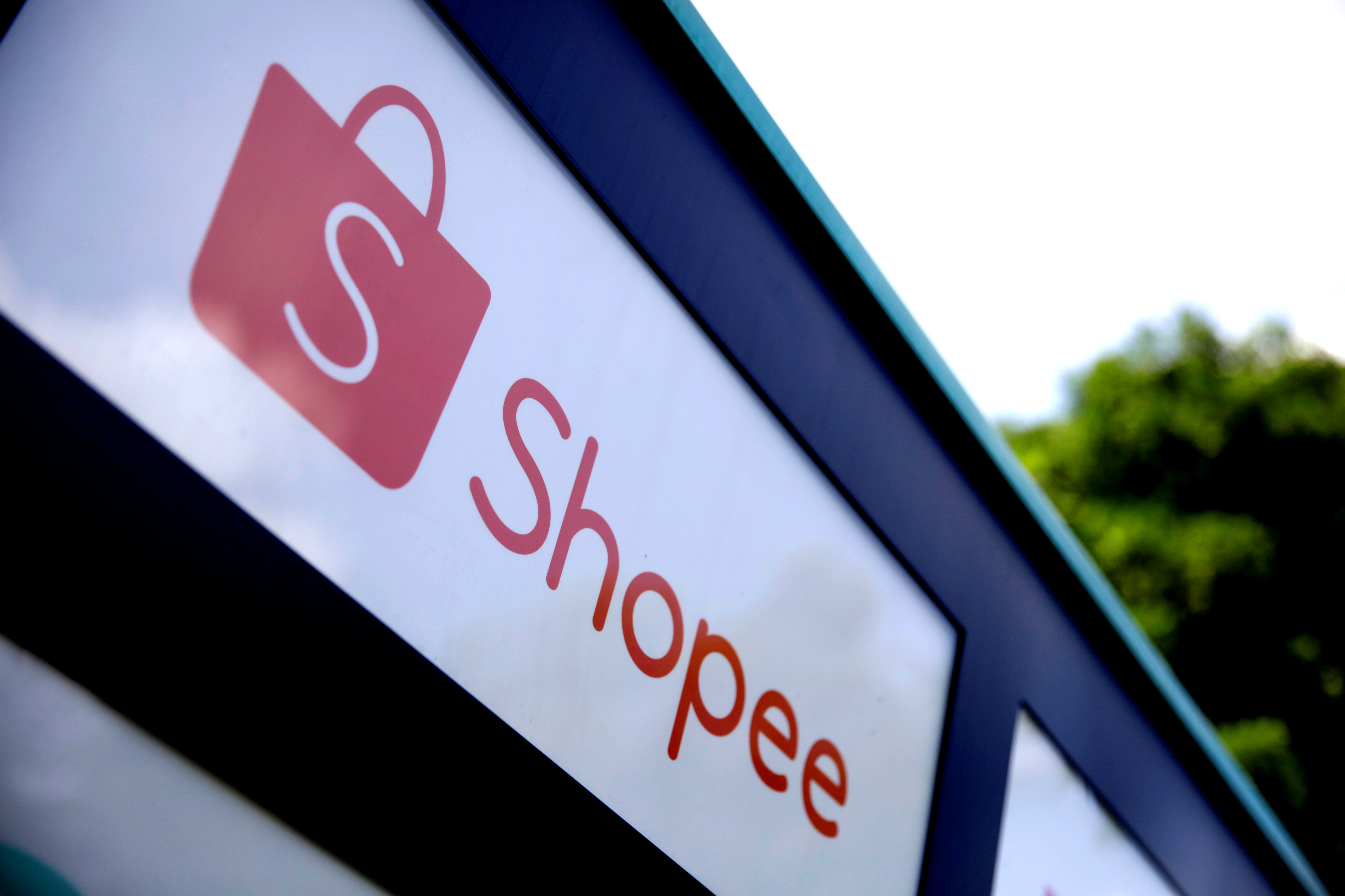 The Shopee logo is seen at an office building in Singapore
