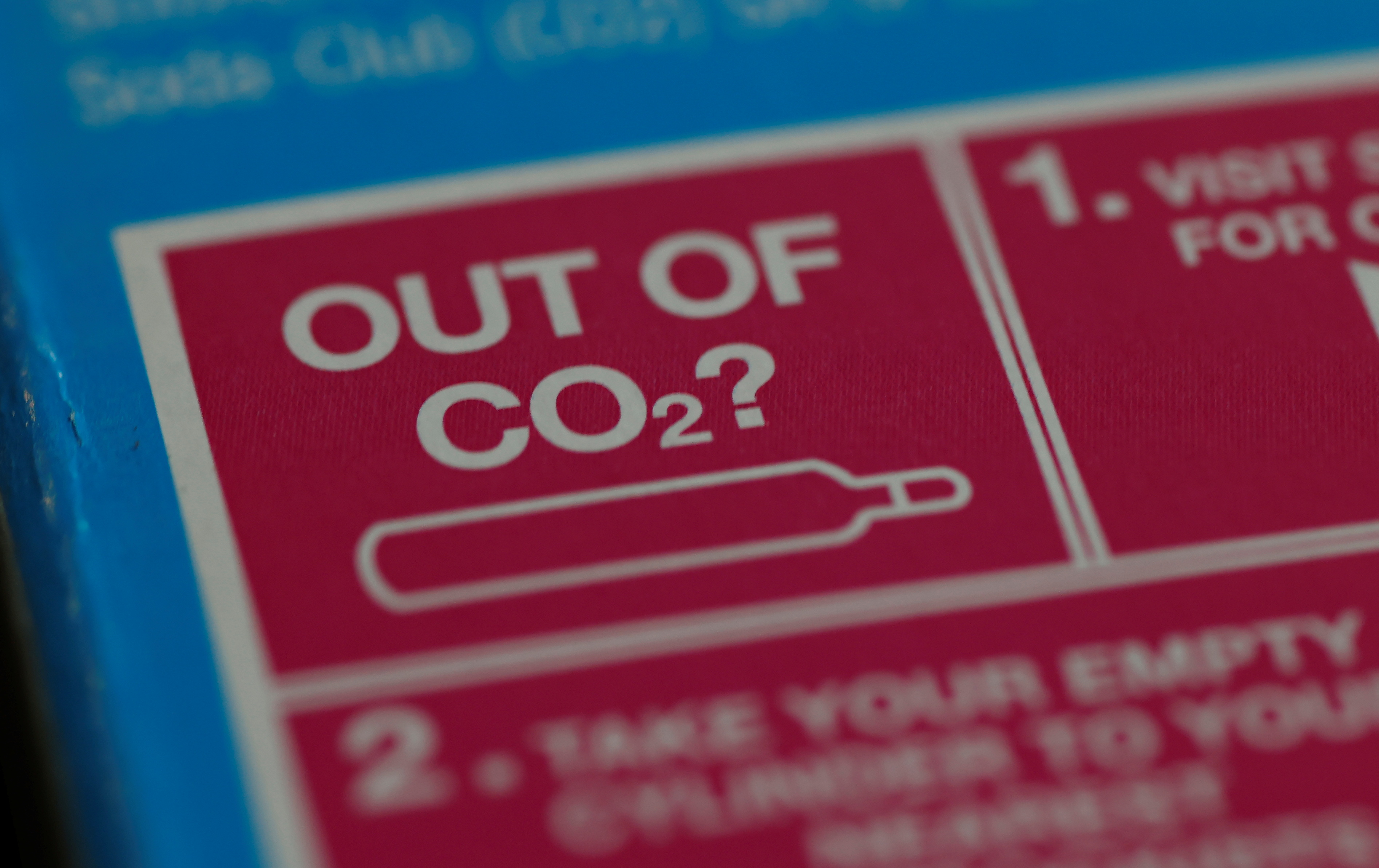 An information label is seen on packaging for a CO2  cylinder for a fizzy drinks machine in Manchester
