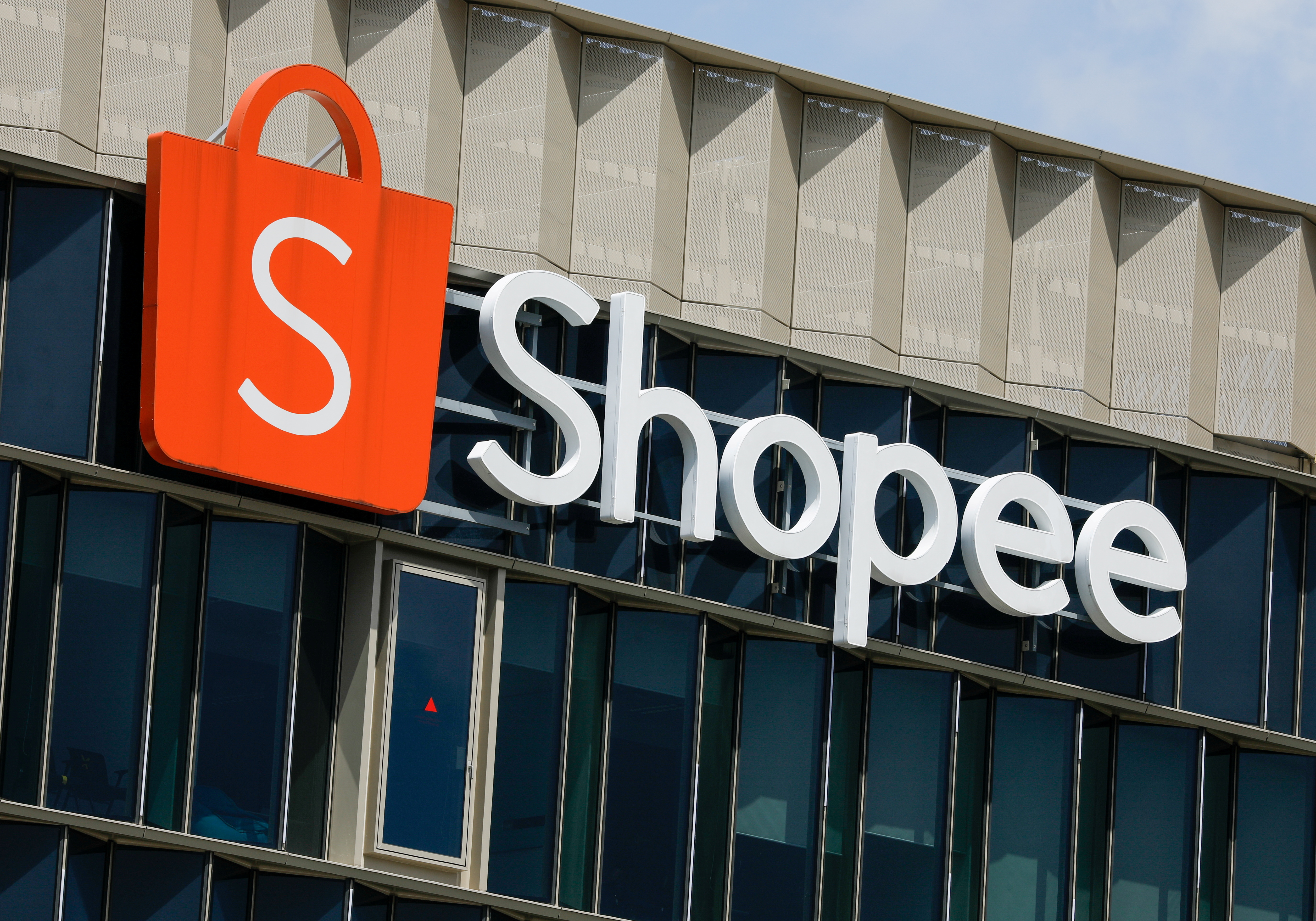 A signage of Shopee, the e-commerce arm of Sea Ltd, is pictured at its office in Singapore