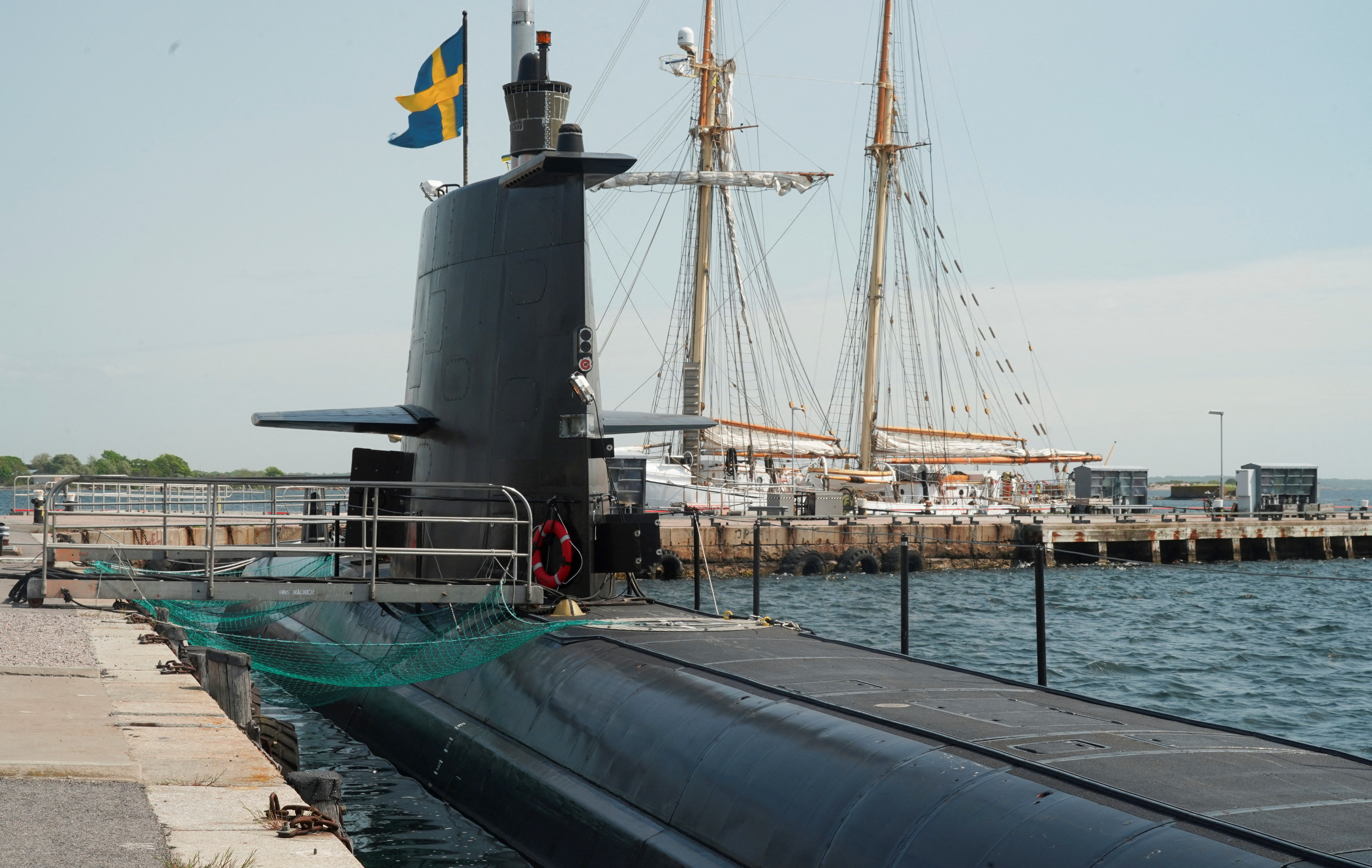 Swedish submarine HMS Gotland lies in a port at the naval base of Karlskrona