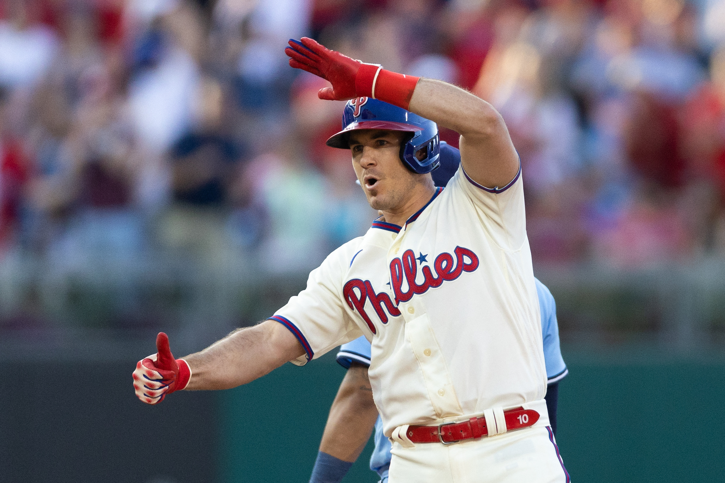 Philadelphia Phillies' Edmundo Sosa gestures after hitting a solo