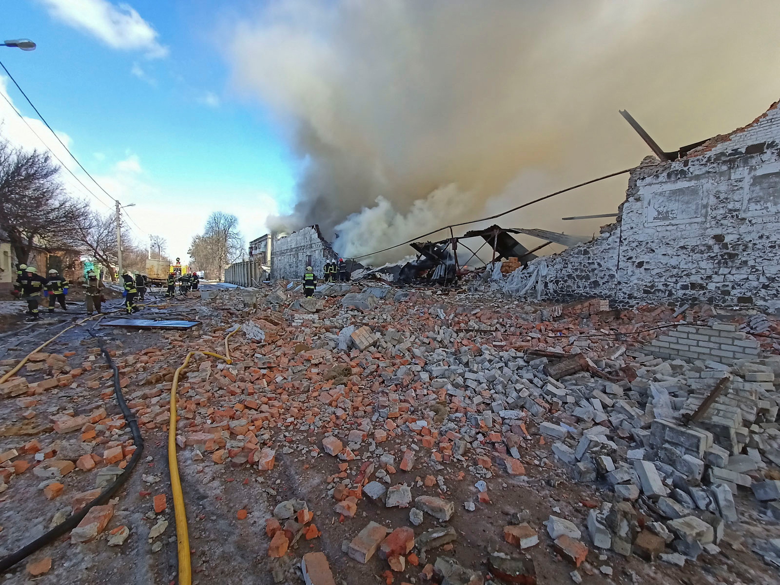 Warehouse storing products is seen on fire after shelling in Kharkiv