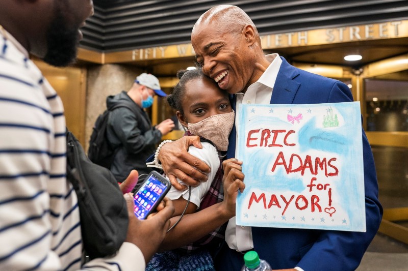 Eric Adams, Democratic candidate for New York City Mayor, speaks to supporters before participating in the Democratic primary debate in New York