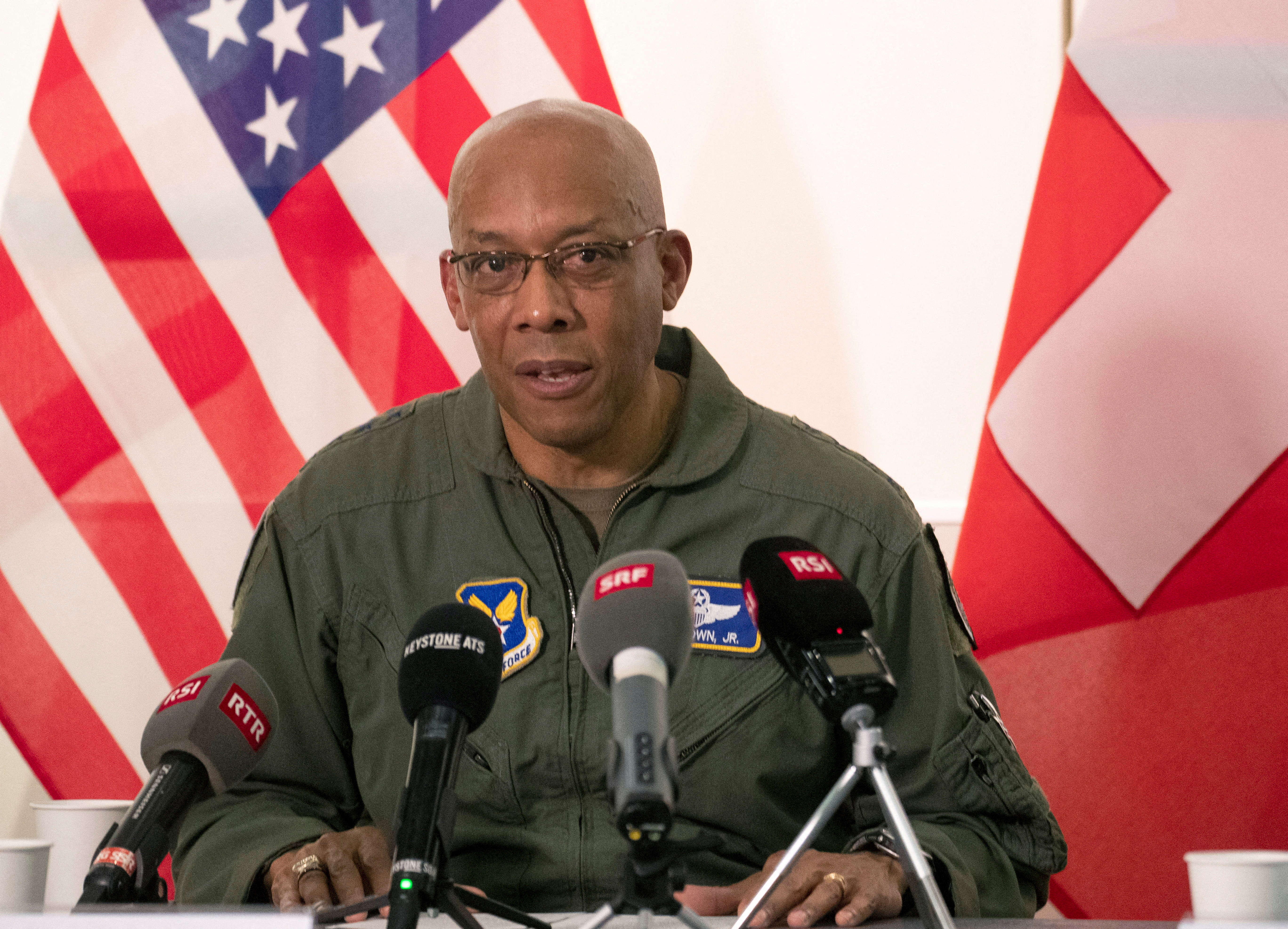 Chief of Staff of the U.S. Air Force General Brown Jr. addresses a news conference in Payerne