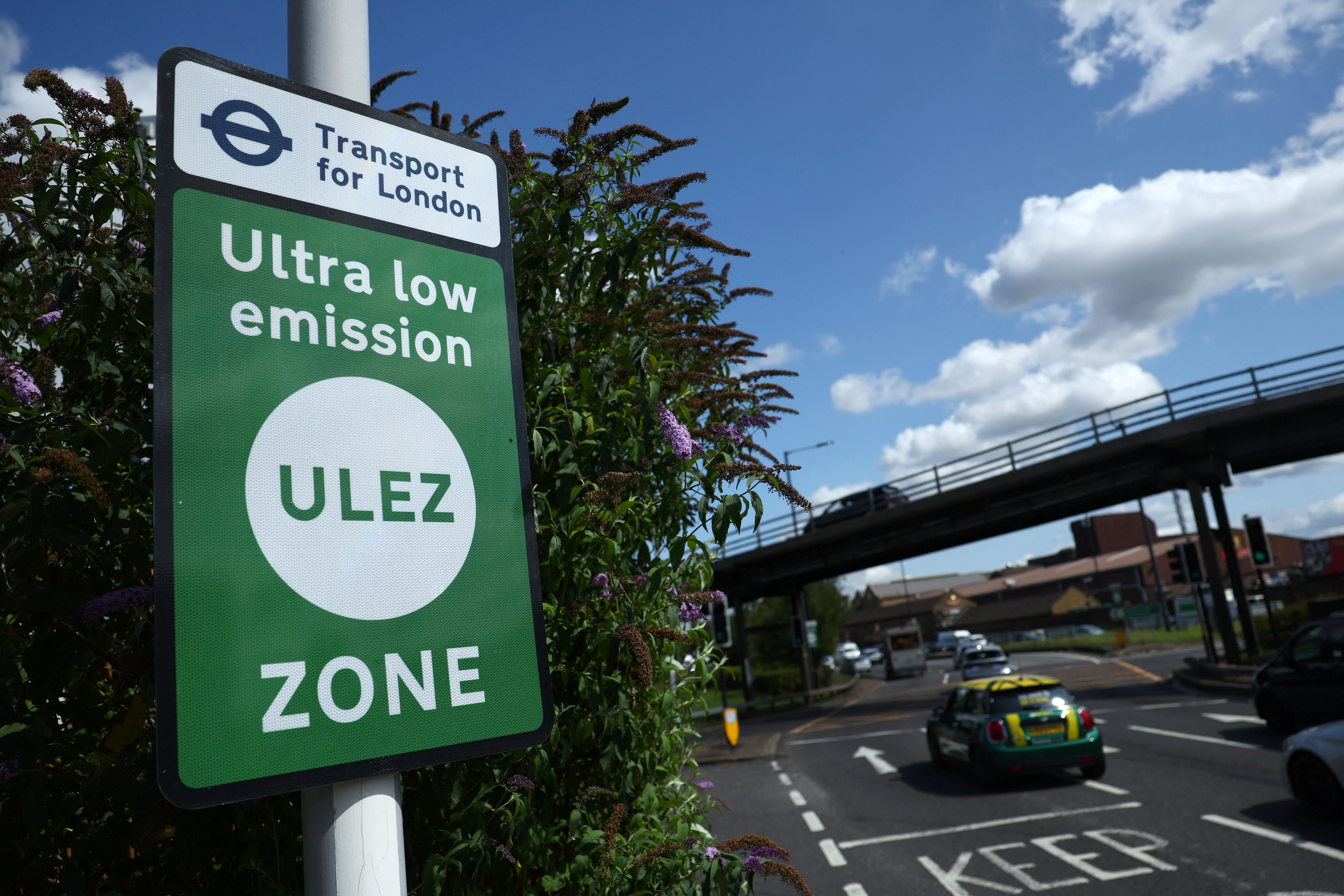 Signage along existing boundary of London's Ultra Low Emissions Zone (ULEZ) zone ahead of proposed upcoming expansion, in London