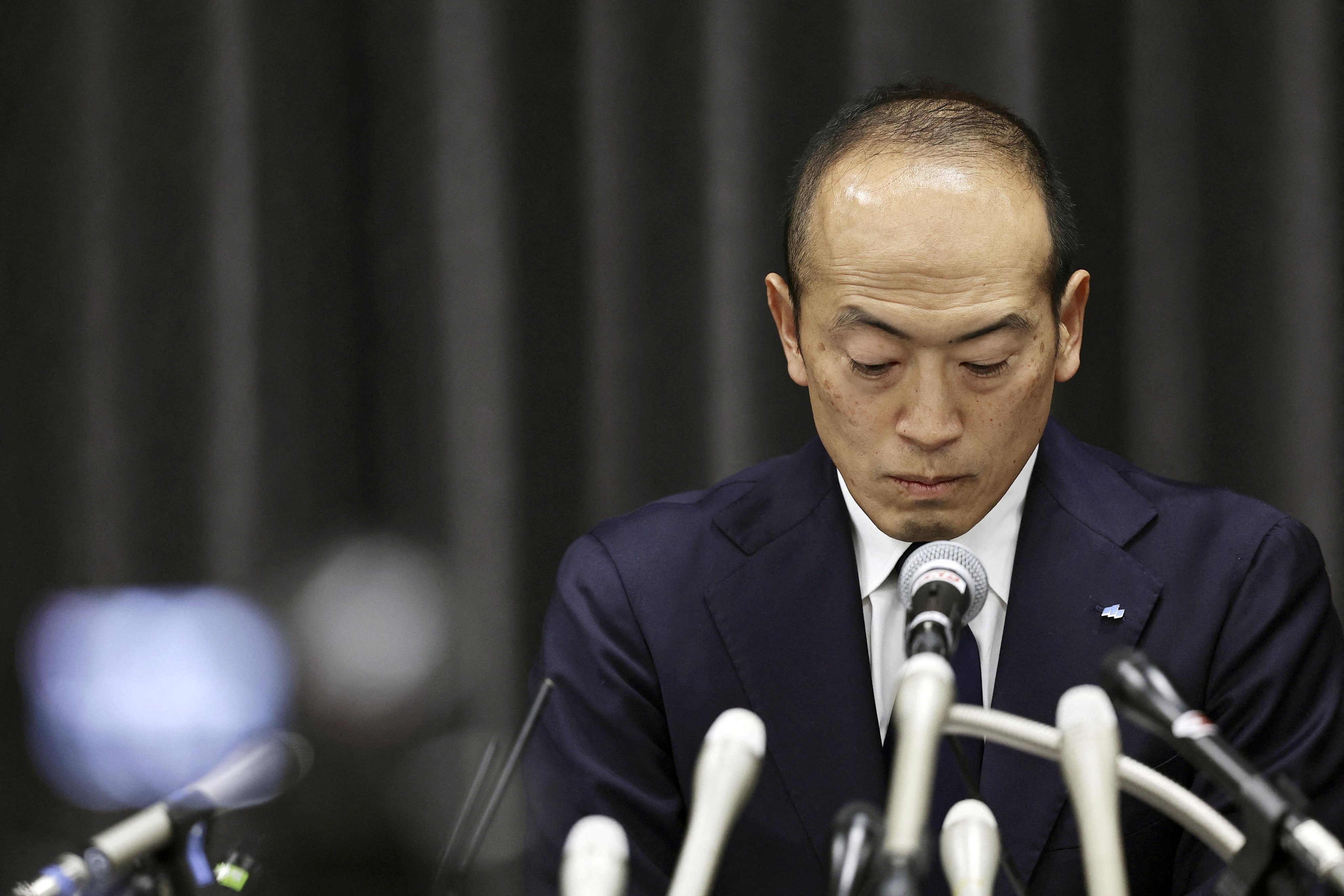 Kobayashi Pharmaceutical Co. President Akihiro Kobayashi attends a press conference in Osaka