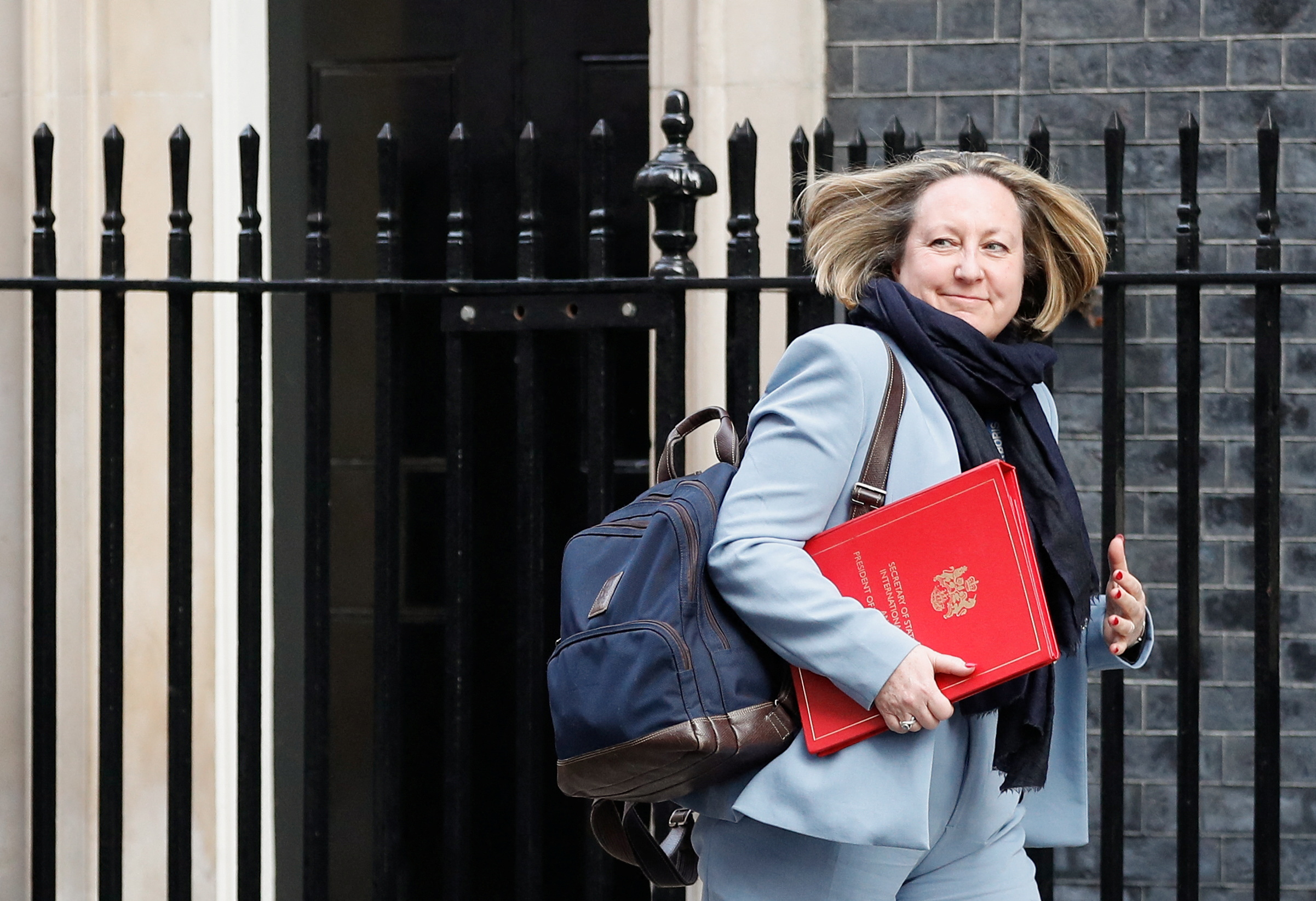 British International Trade Secretary Anne-Marie Trevelyan walks outside Downing Street, in London